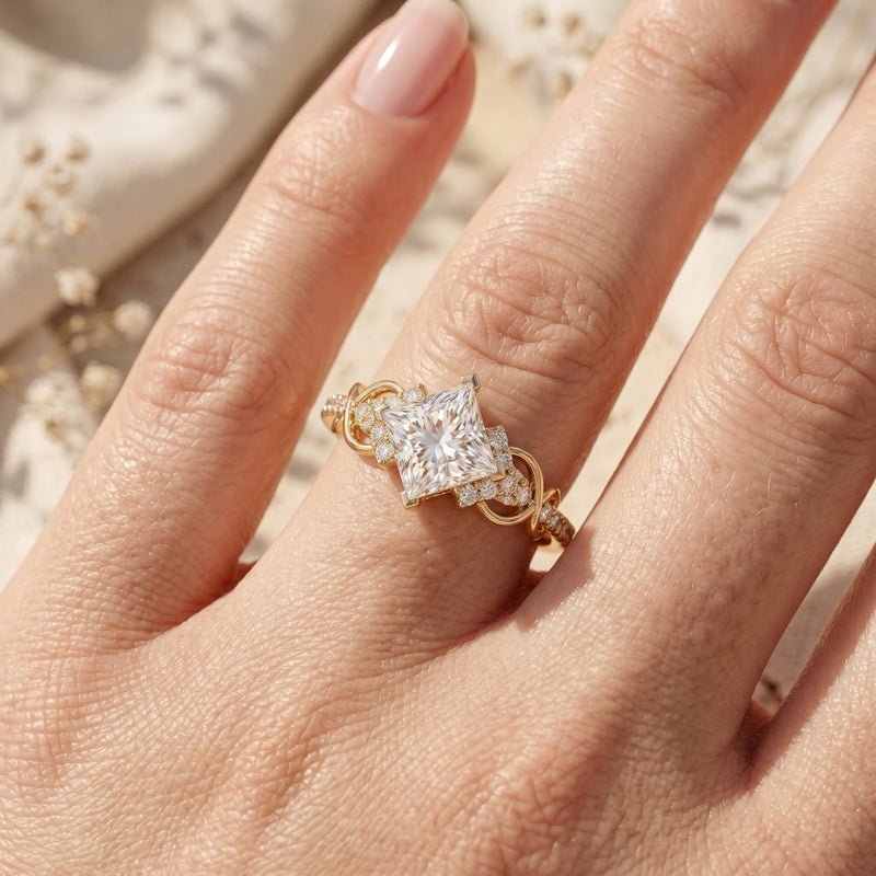 Gold princess-cut moissanite ring worn on a finger, highlighting the intricate knot design and 2-carat stone.