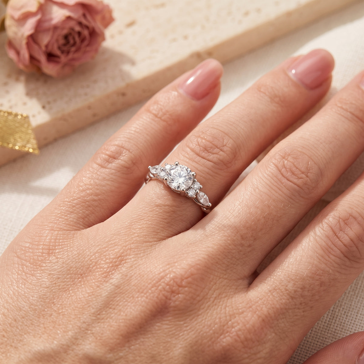 The Carlotta Ring, a vintage-style solid gold ring with simulated diamonds, worn on a woman's hand.