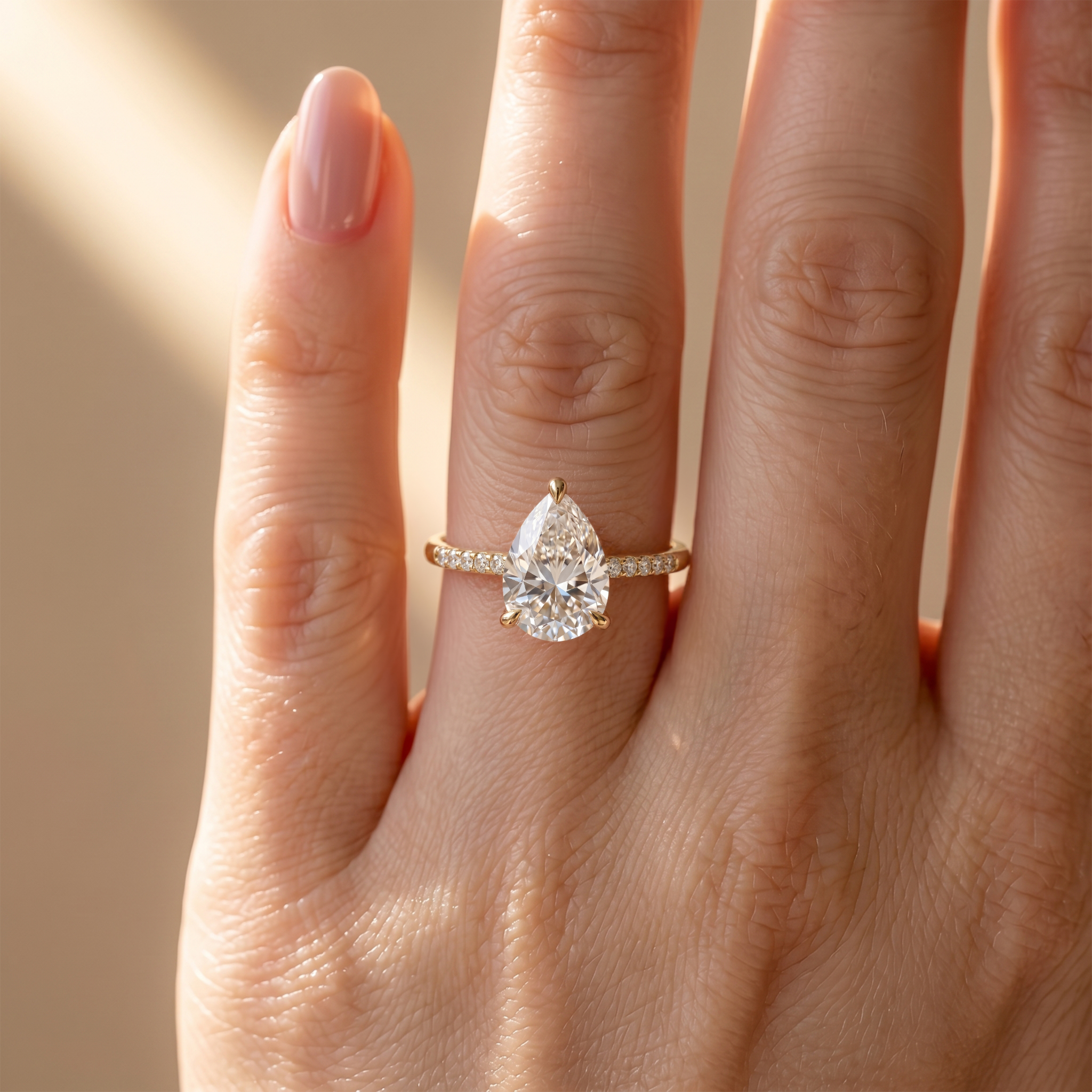 Close-up of a hand wearing a brilliant pear-cut moissanite engagement ring in yellow gold.