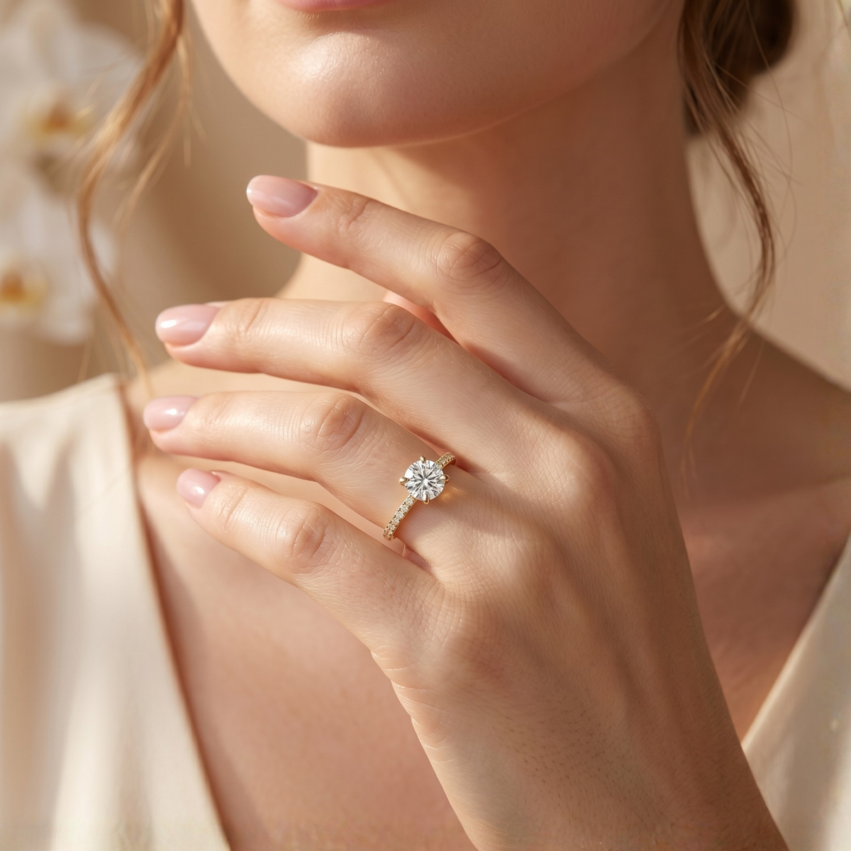 Close-up of an elegant round-cut moissanite engagement ring in yellow gold worn by a model.
