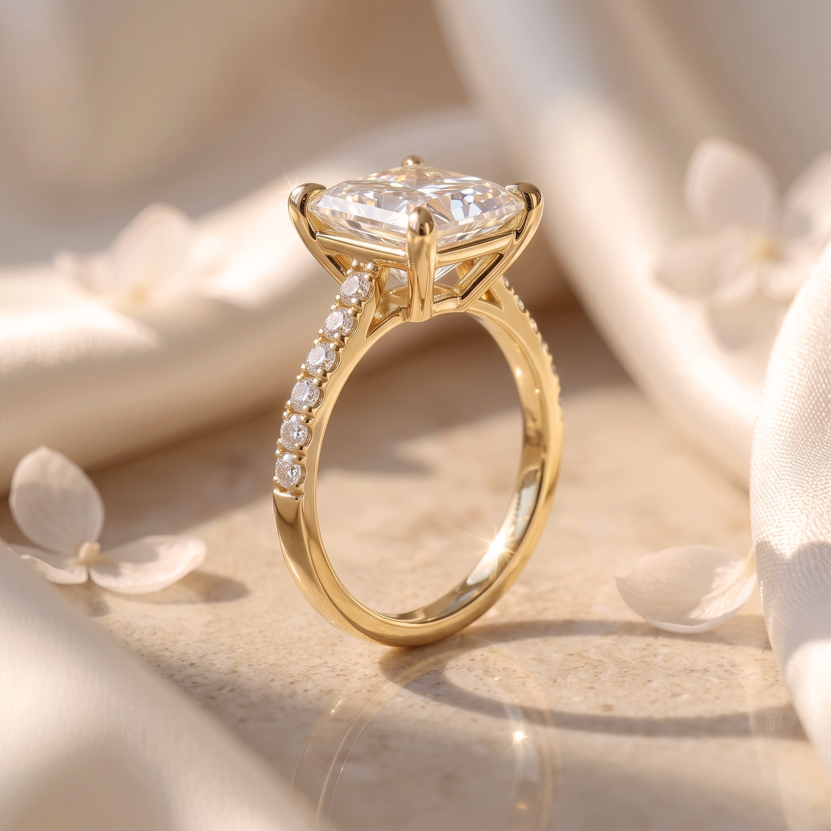 A side profile of the yellow gold princess cut moissanite ring, detailing the hidden basket setting and diamond-set band.