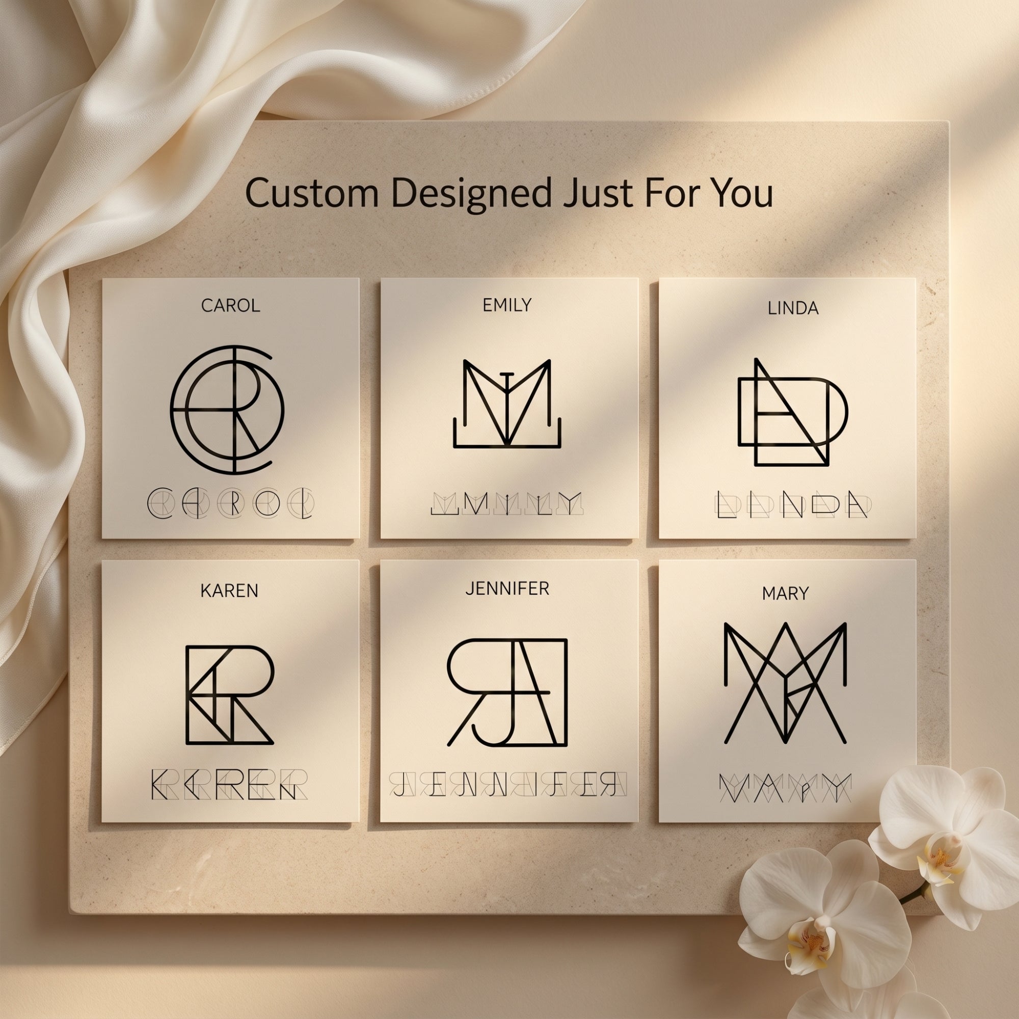 Custom interlocking monogram design options for the gold necklace.