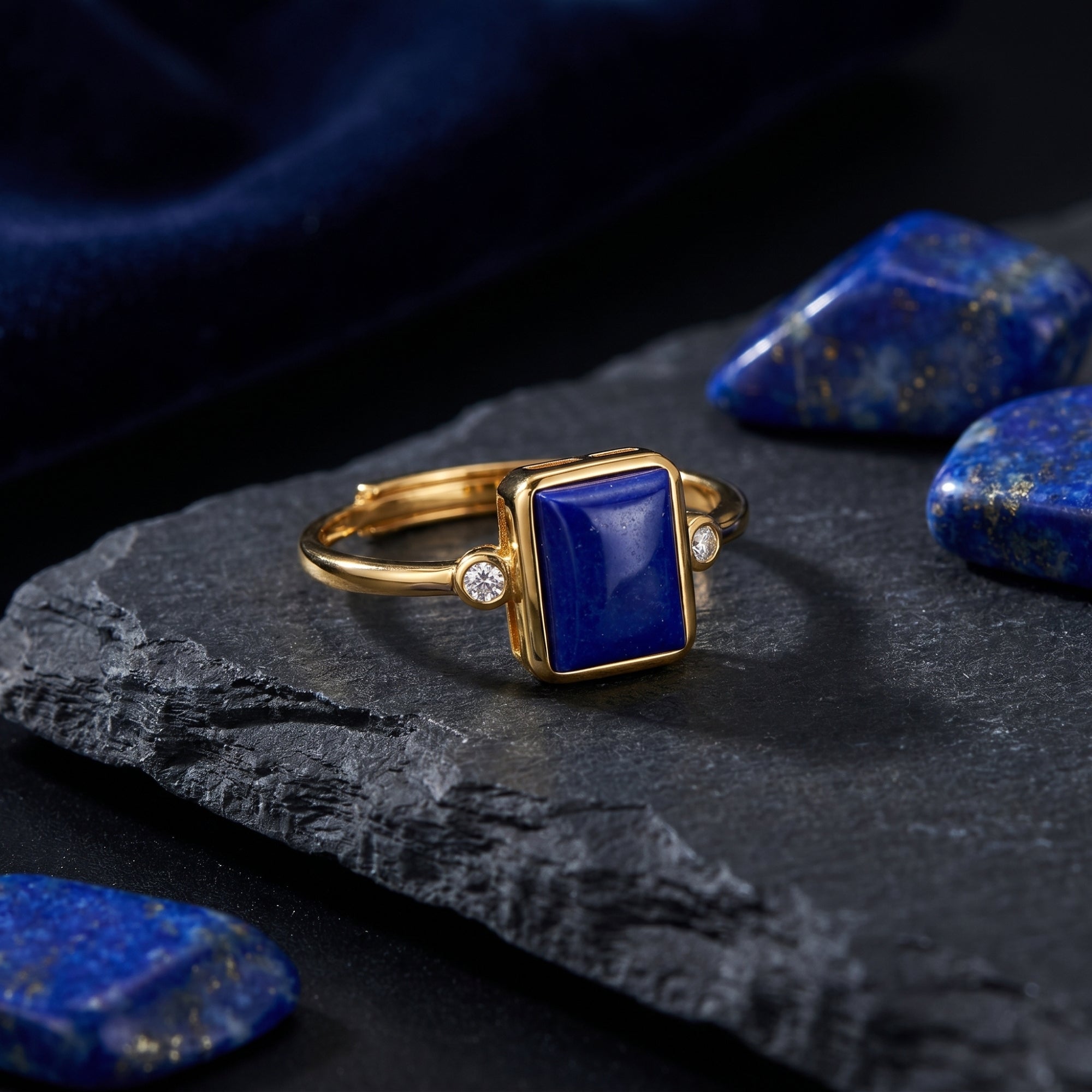 Side view of a yellow gold adjustable ring with a rectangular natural lapis lazuli stone on a dark rock.