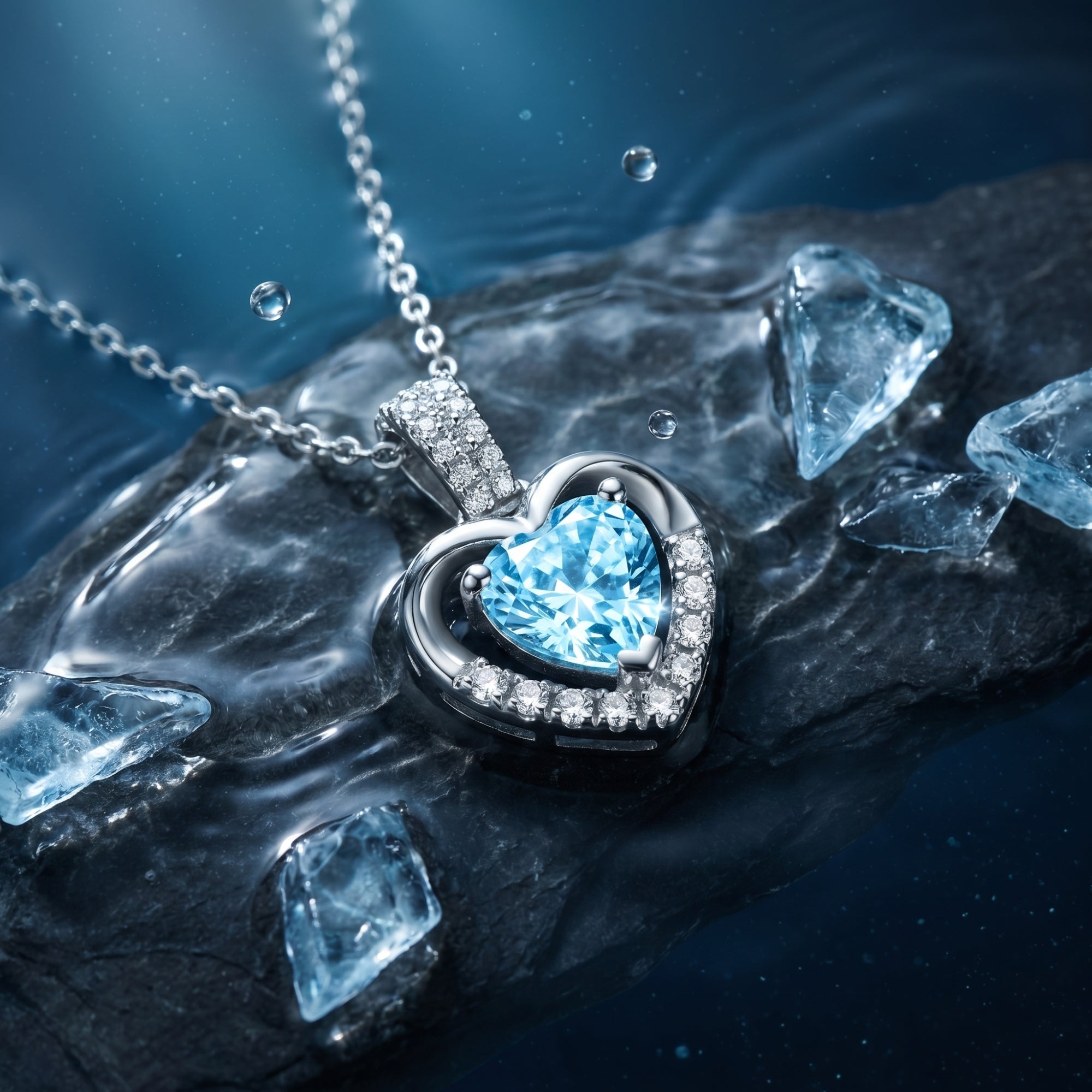 Close-up of a heart-cut aquamarine pendant in platinum resting on a dark wet rock with water droplets.