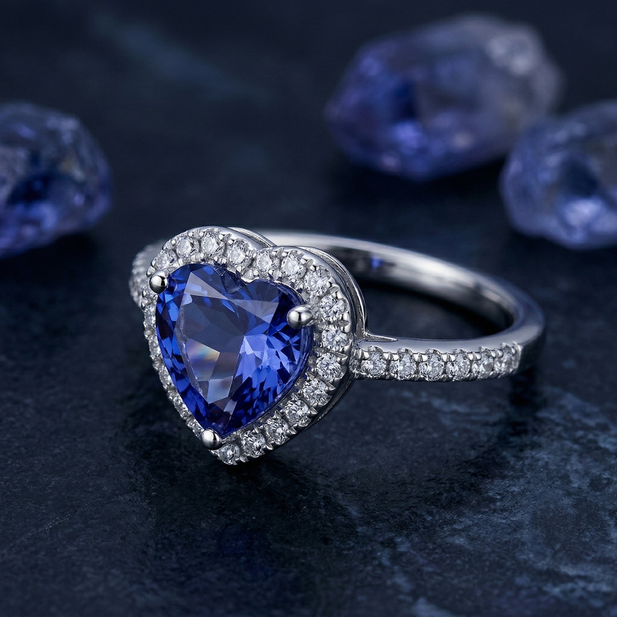 Close-up of a heart-cut tanzanite halo ring in S925 sterling silver showing the pavé diamond-accented band.