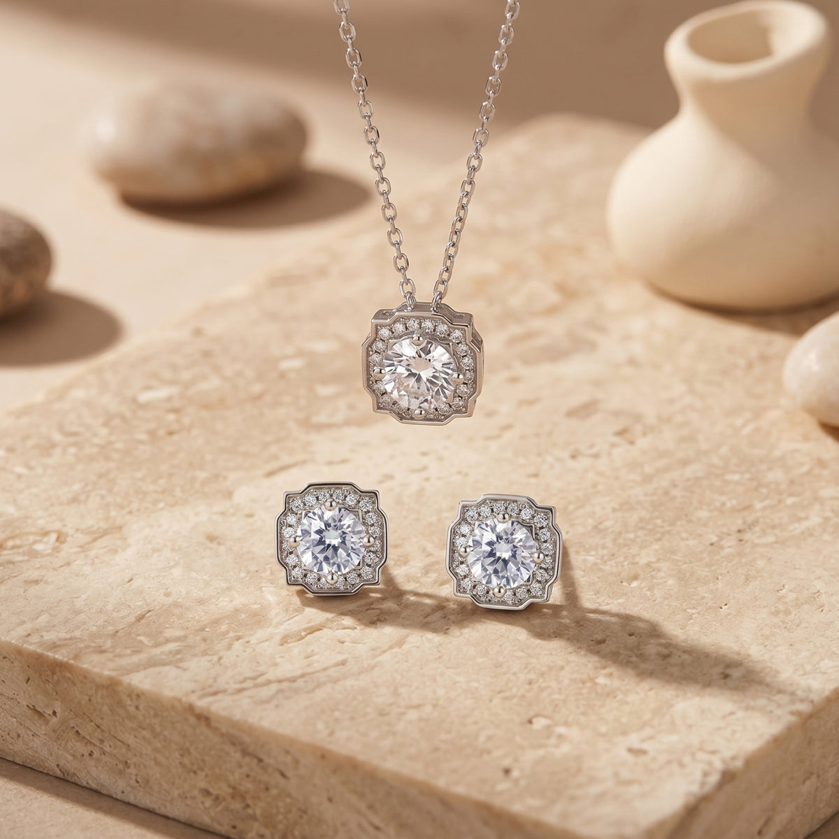 Silver Aurestella moissanite halo pendant and stud earrings set displayed on a textured stone slab.