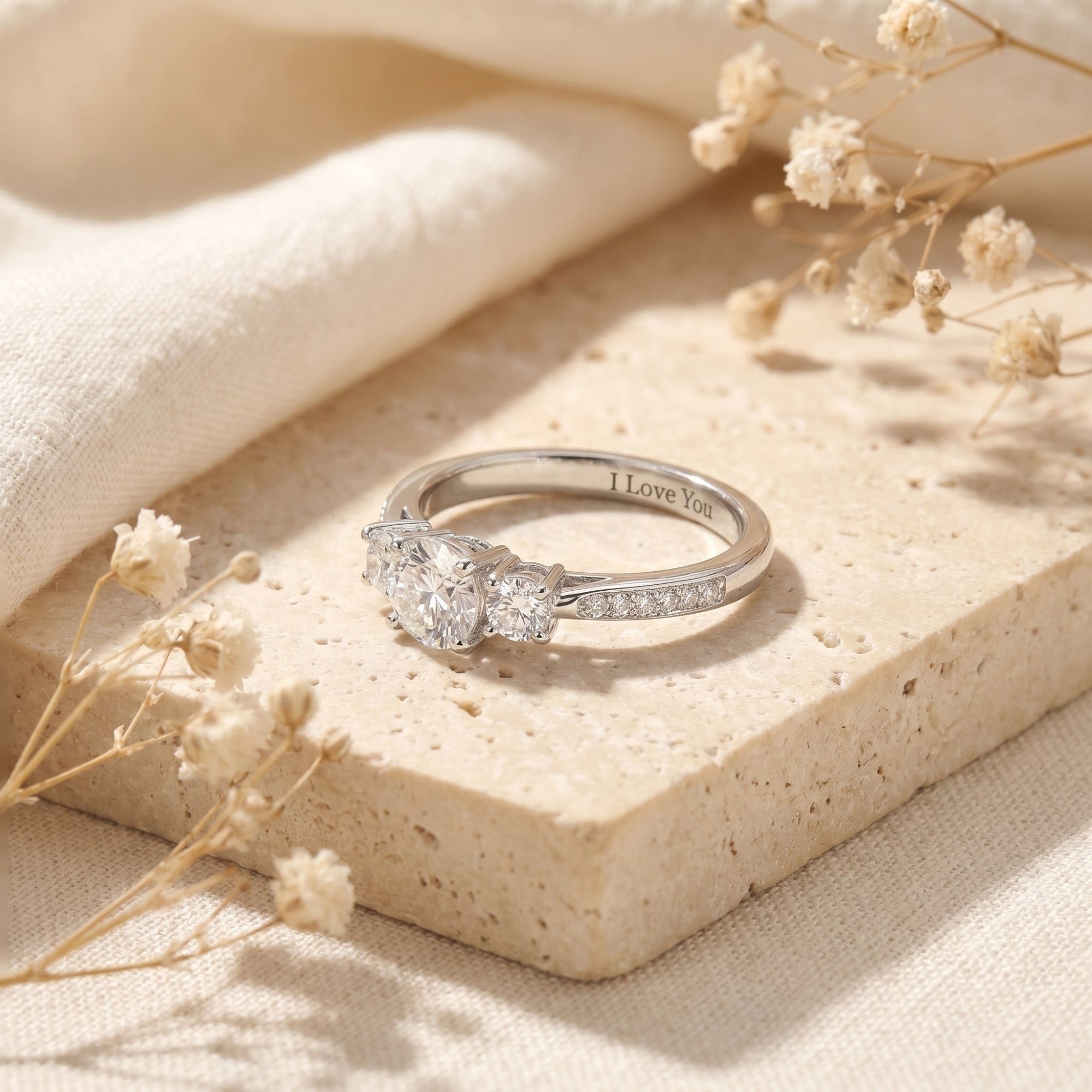 Side view of the sterling silver Roselysse ring featuring a round simulated diamond and I Love You engraving.