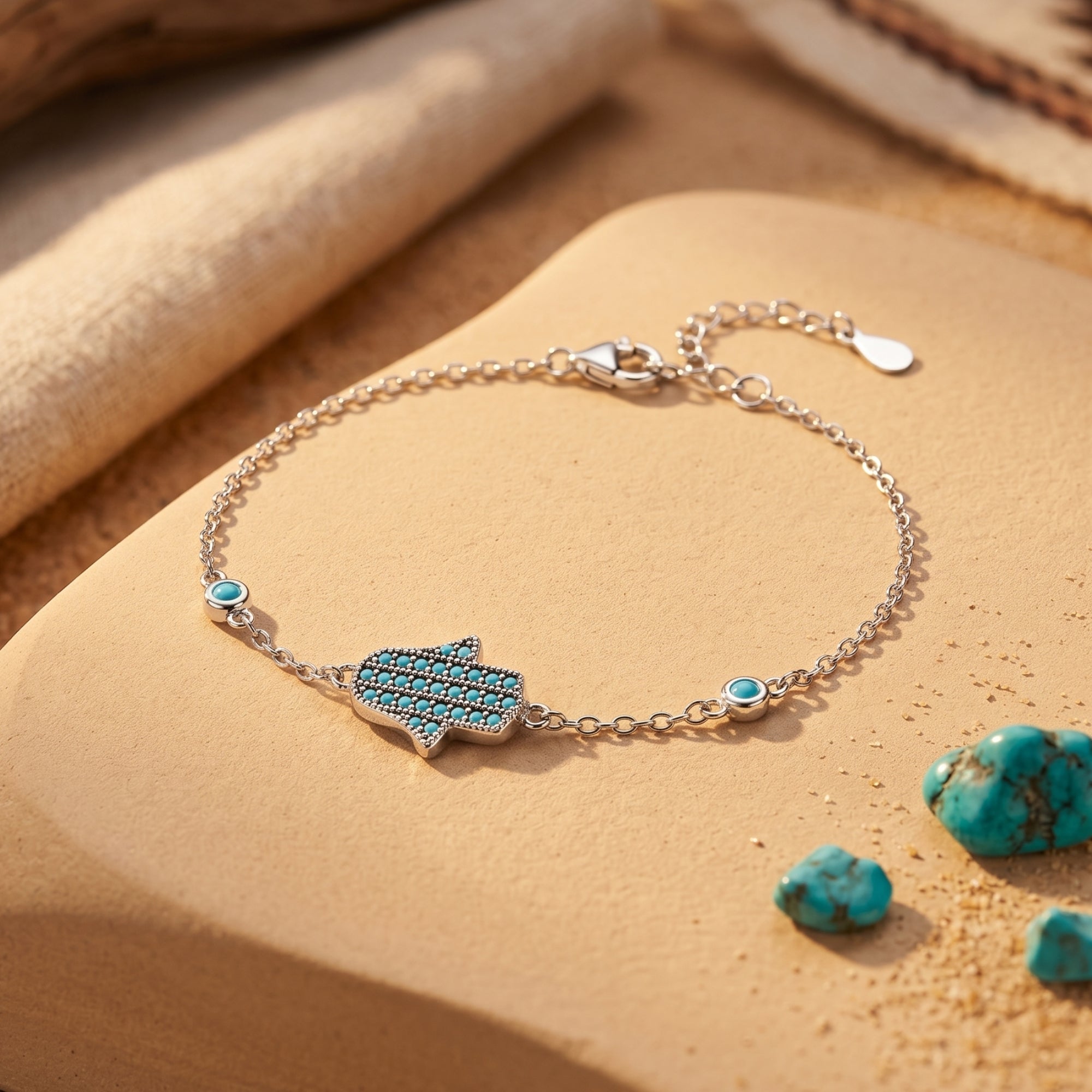 Close-up of a silver Hamsa hand bracelet with turquoise stones resting on a smooth desert stone.