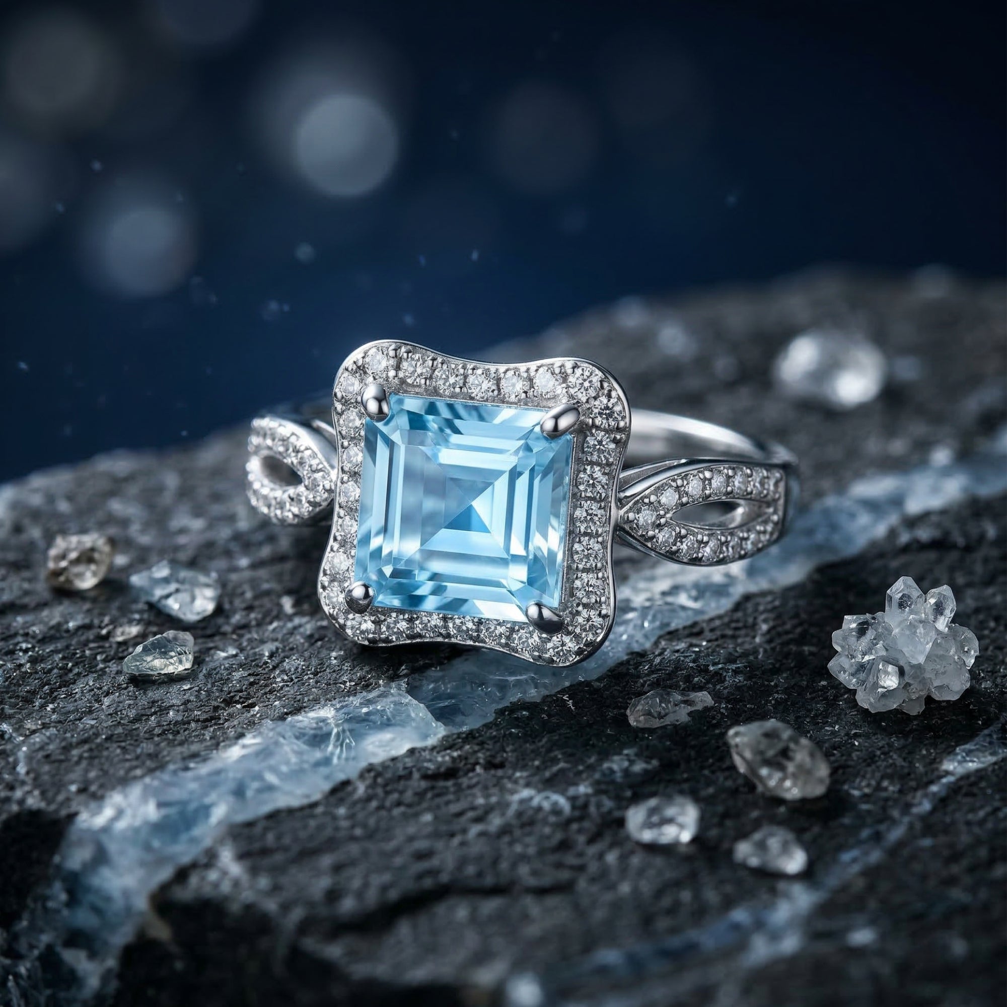 Macro view of the princess cut Swiss Blue topaz halo ring in sterling silver with a pavé bypass band.