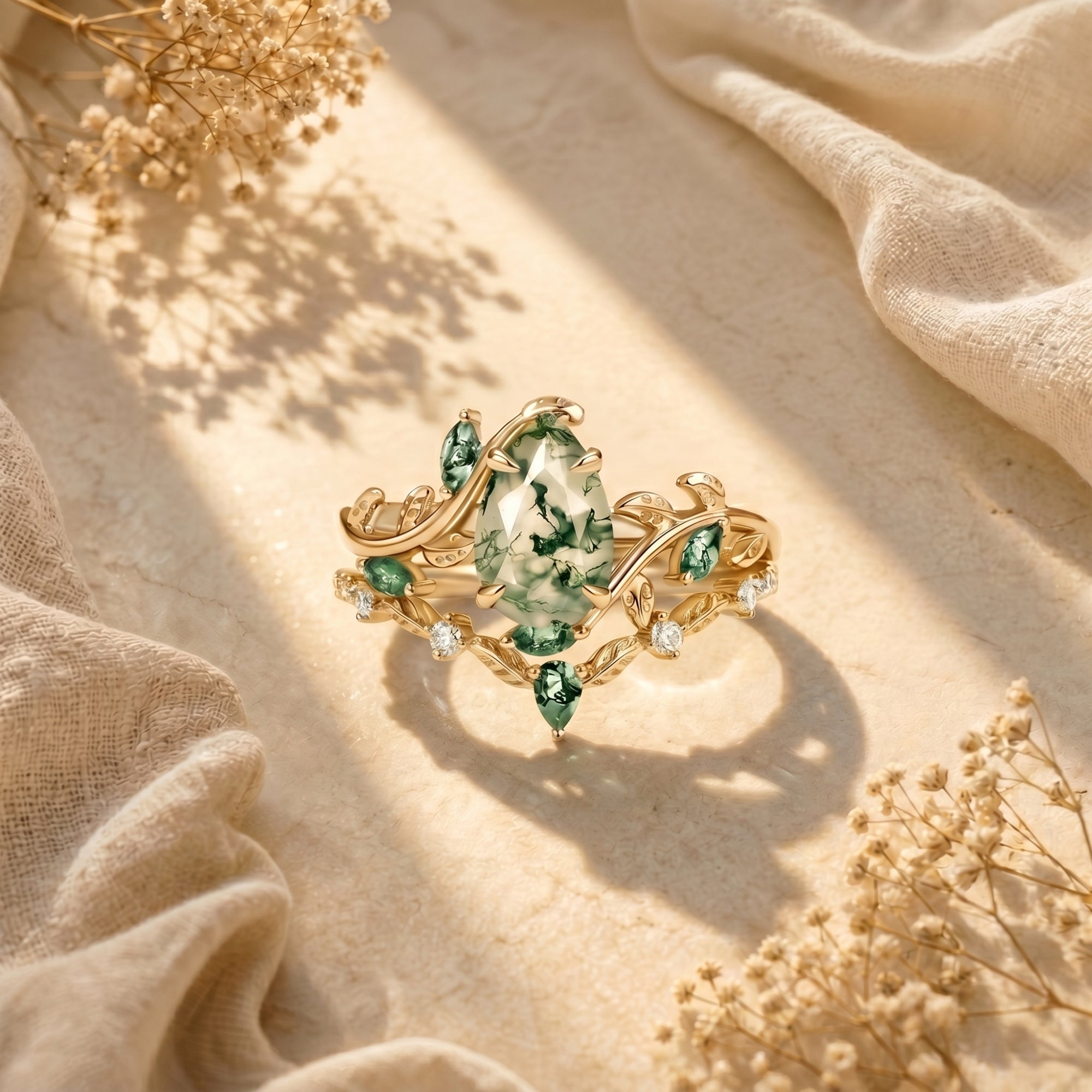 Gold Cypria moss agate vine ring set with a pear-cut center stone on a neutral lifestyle background.