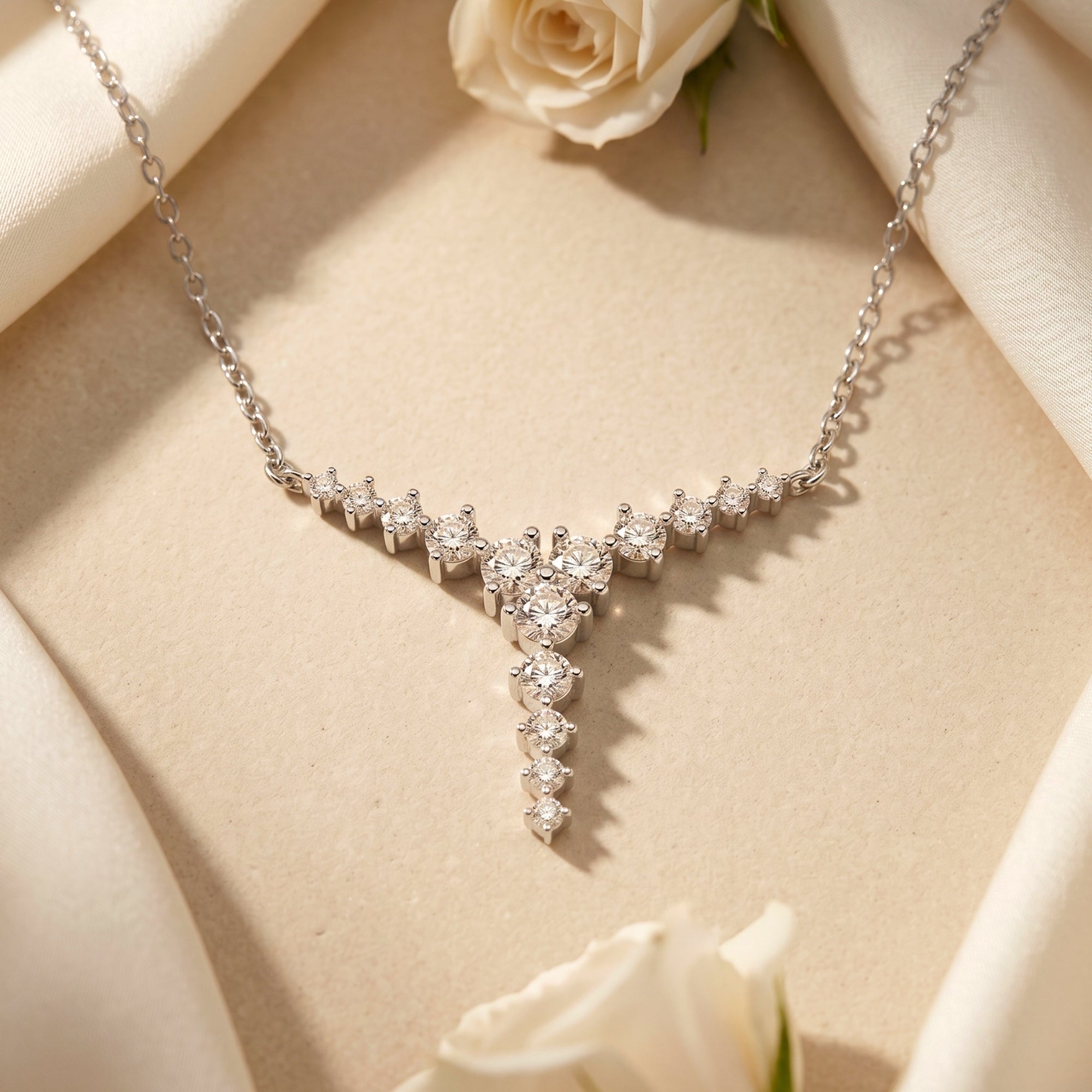 Silver moissanite drop necklace with round stones and white roses.