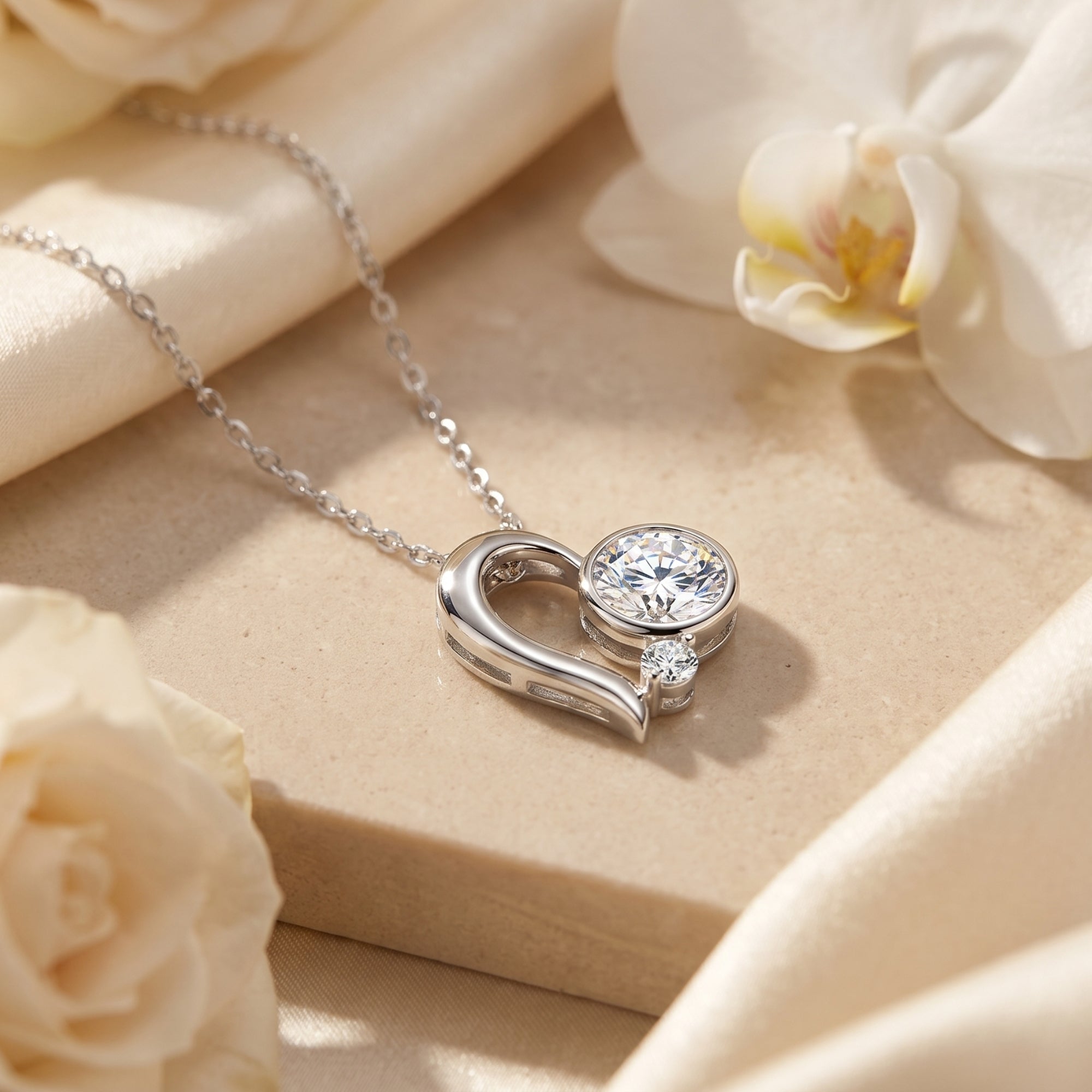 Silver heart moissanite pendant necklace with round cut stones on a lifestyle background.