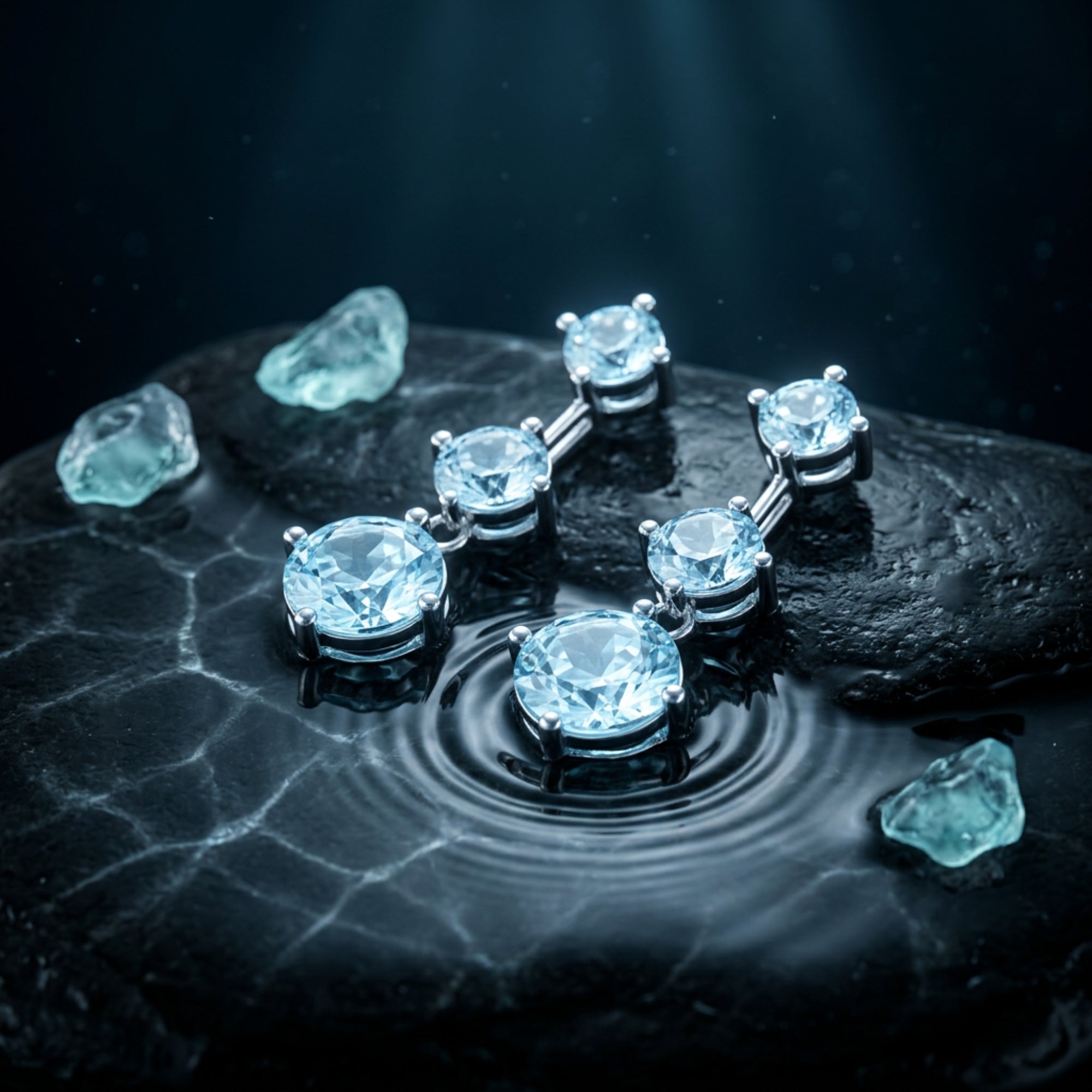 Macro shot of the graduating round aquamarine stones in platinum drop earrings on a rippling water surface.
