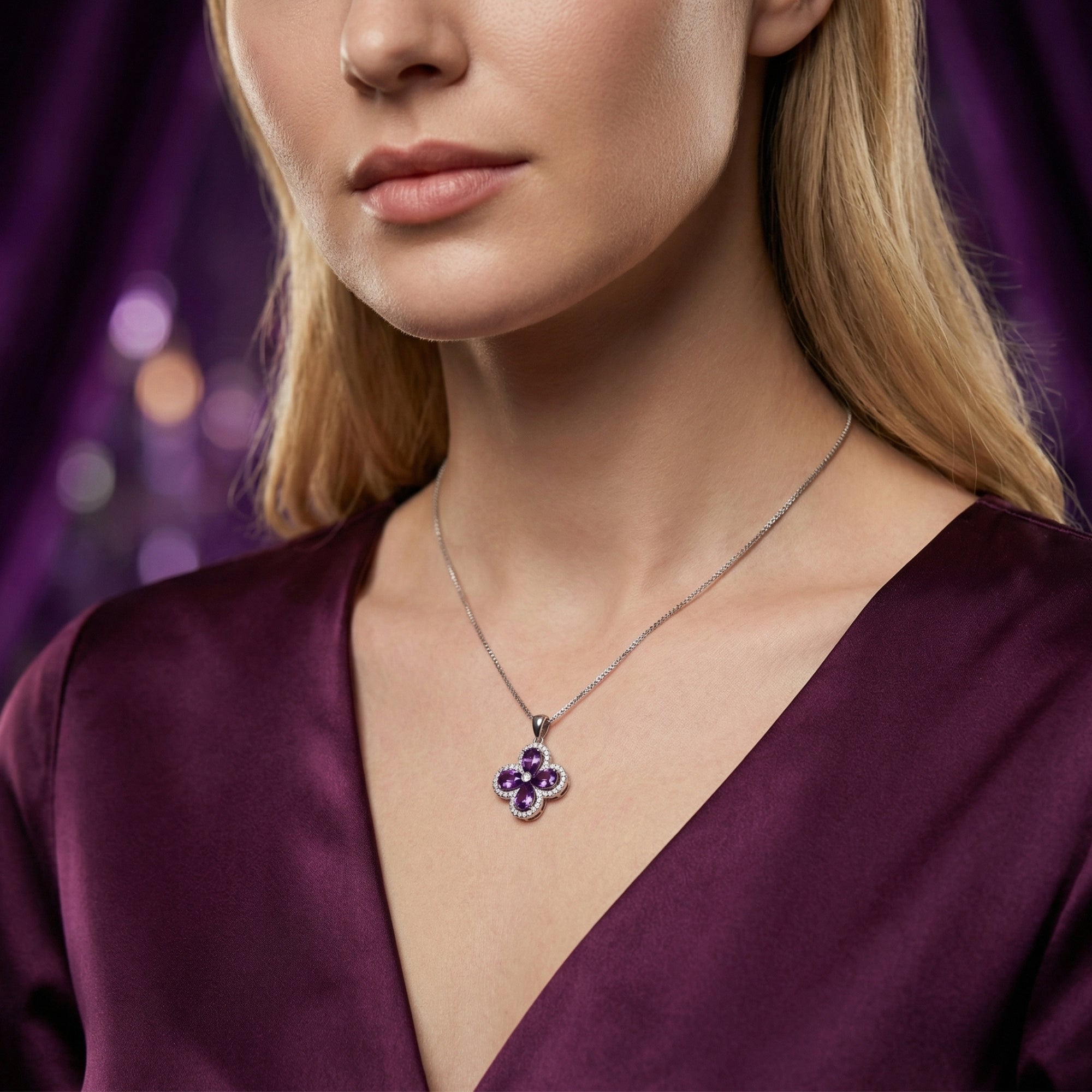 Front view of the Visteria sterling silver pendant with pear-cut amethysts worn by a model.