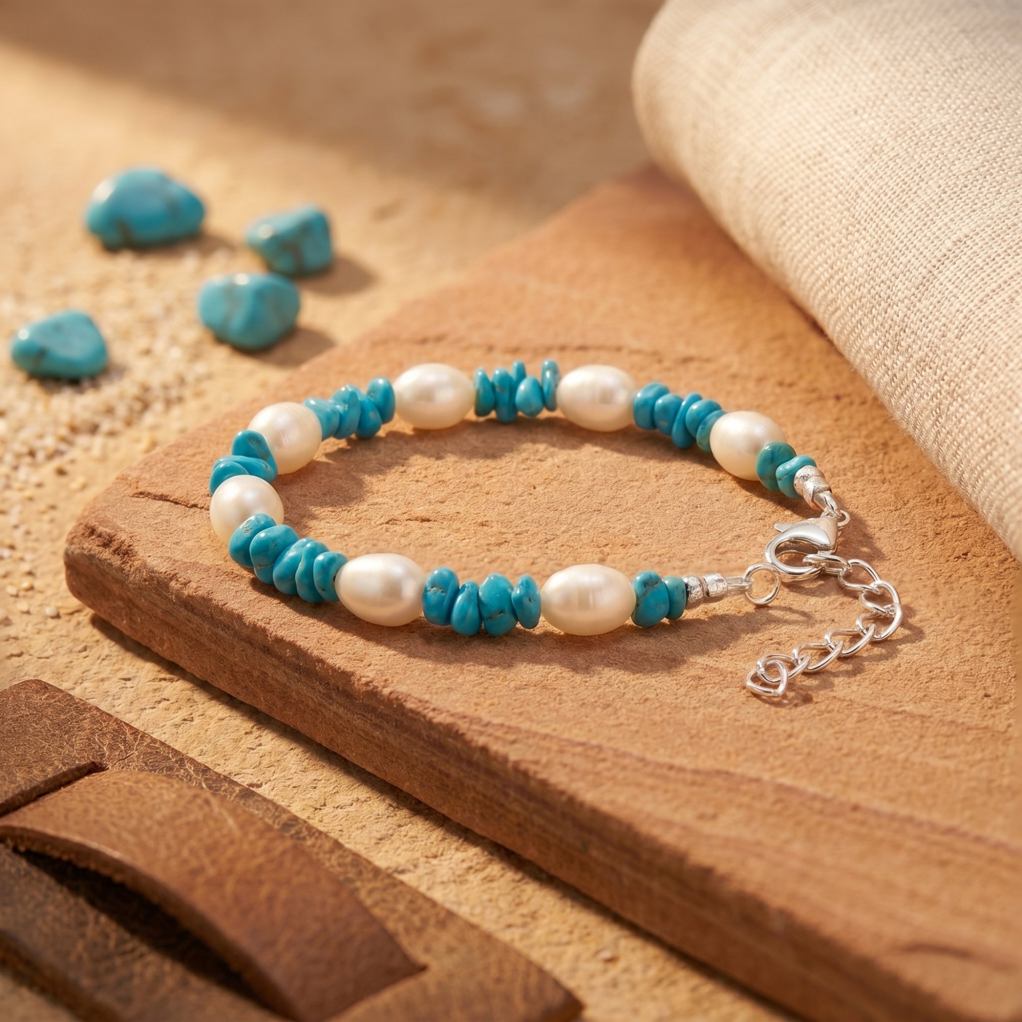Silver turquoise and pearl bracelet showing the lobster clasp and extender chain on a stone surface.
