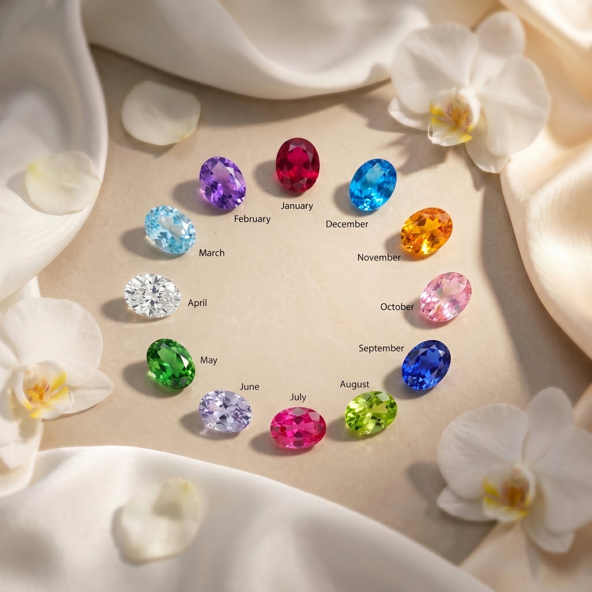 Twelve oval birthstones arranged in a circle labeled by month on neutral silk.