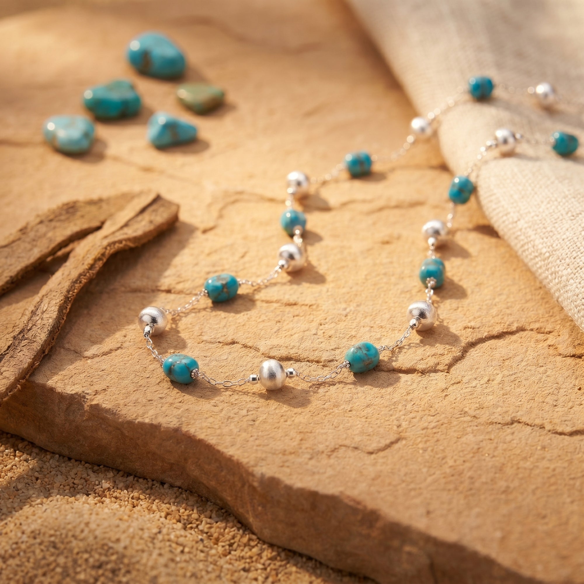 Turquoise and silver bead necklace draped over natural rock and textured fabric.