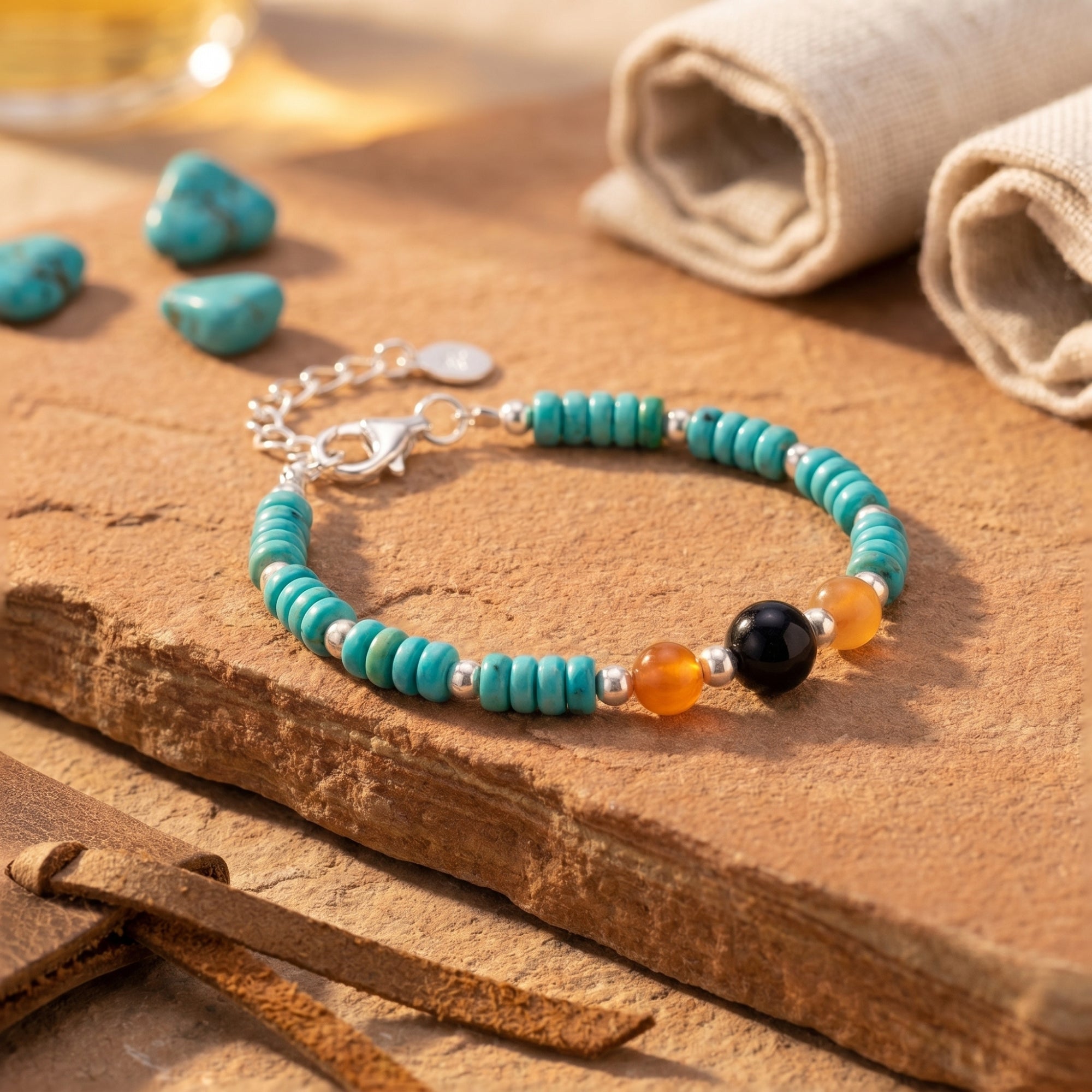 Southwestern turquoise bead bracelet with carnelian and black onyx accents displayed on a natural rock surface.