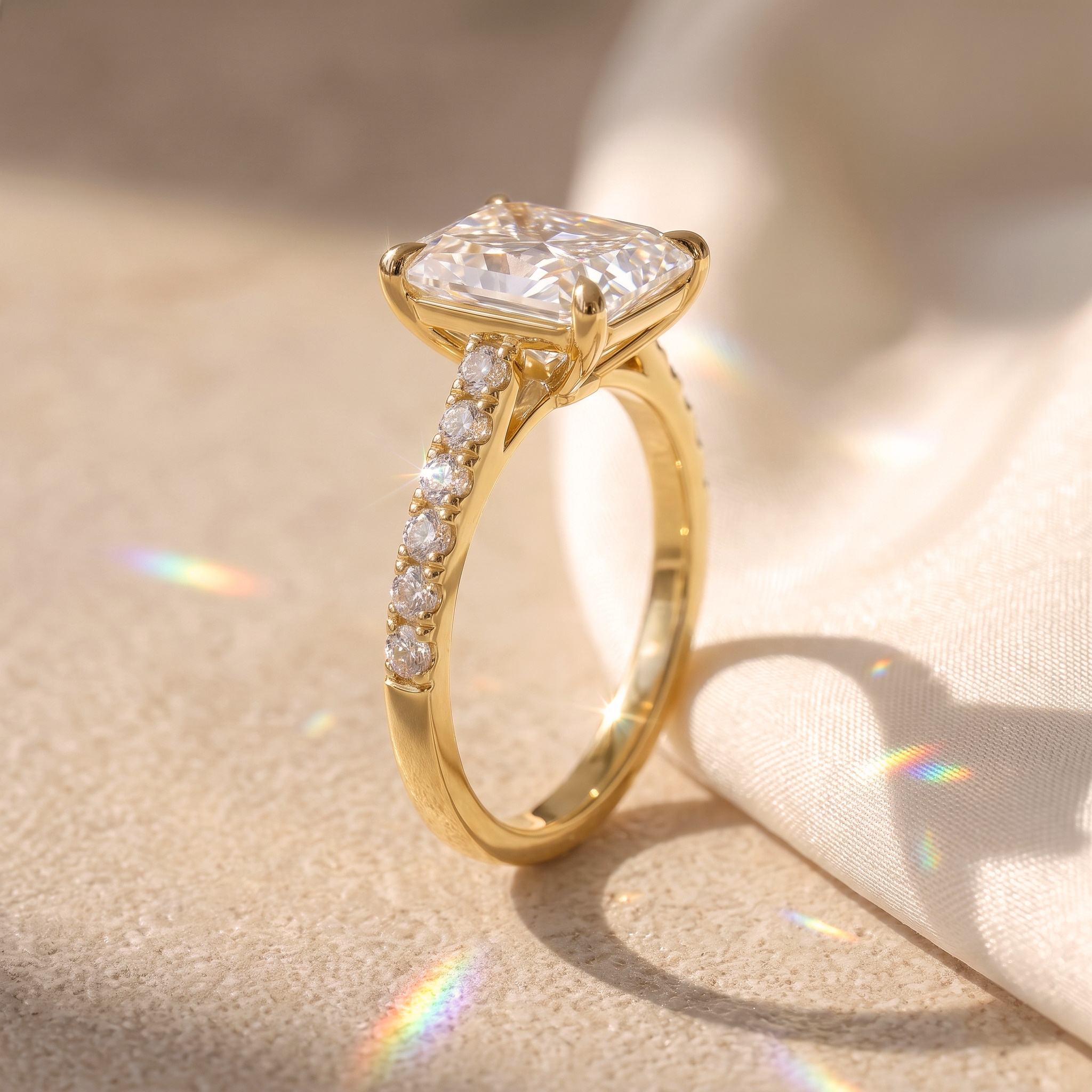 A profile angle of the yellow gold radiant cut moissanite engagement ring showing the detailed side pavé setting.