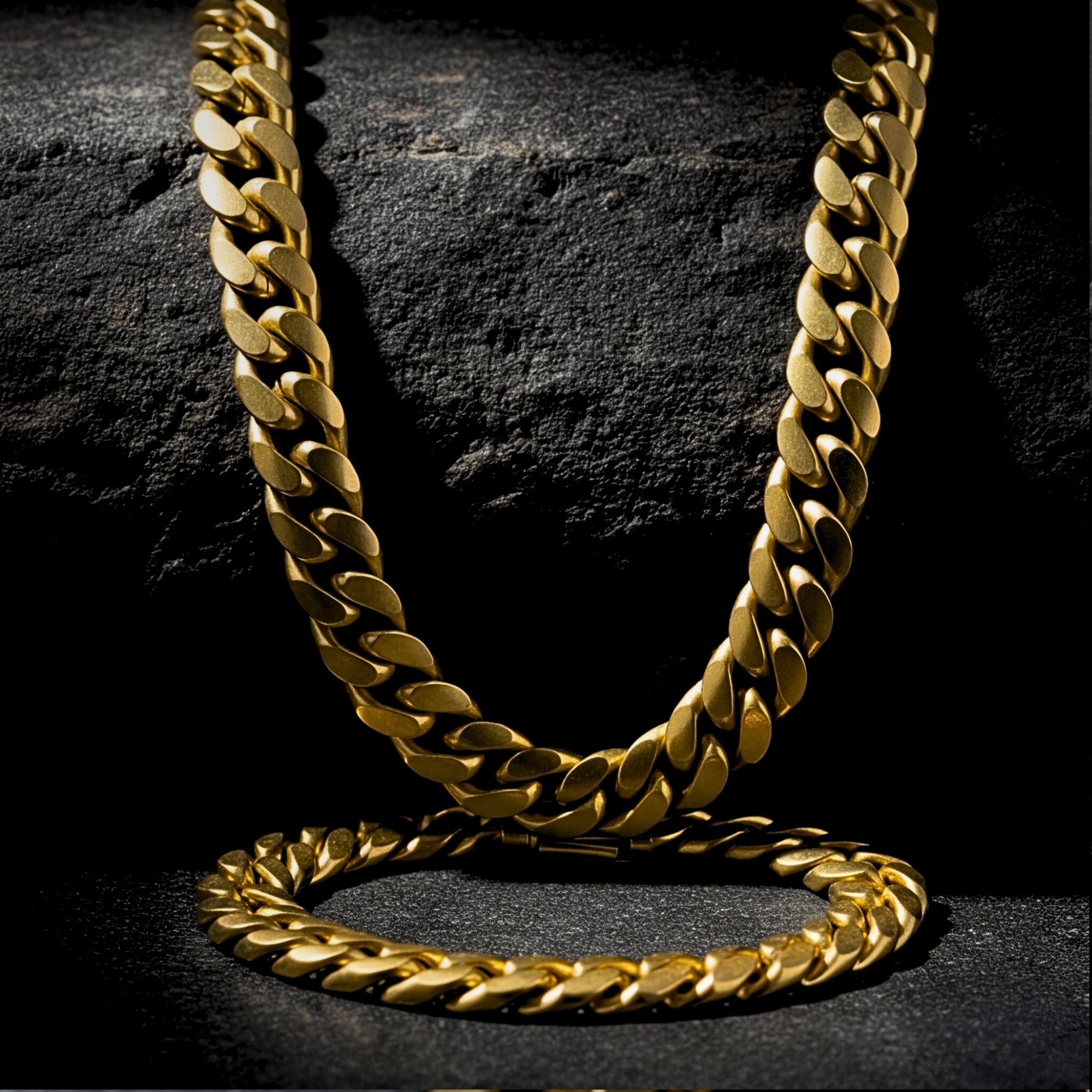 Close-up of the 12mm gold-tone stainless steel Cuban link chain and matching bracelet on a dark background.