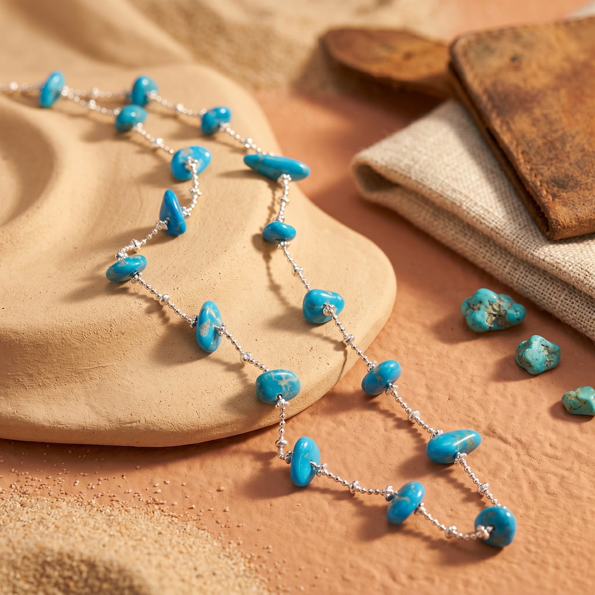Detail of turquoise beads on a silver chain resting on stone.