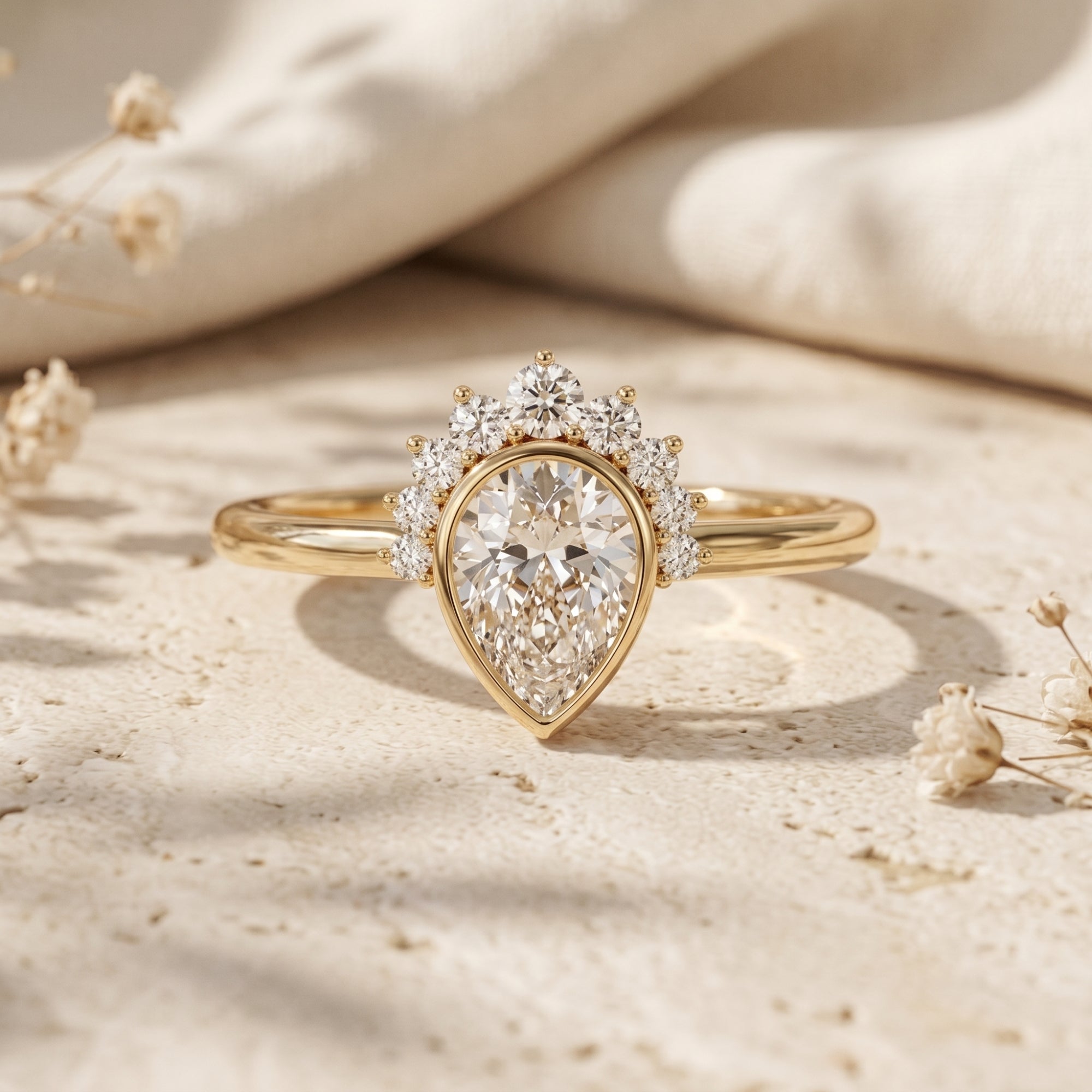 Gold pear-cut moissanite promise ring with a tiara halo on a neutral stone background.