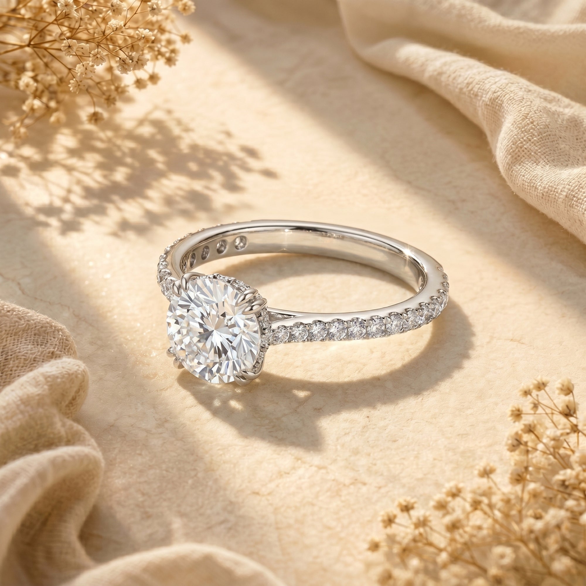Side view of a silver moissanite promise ring with a round center stone and diamond-accented band.