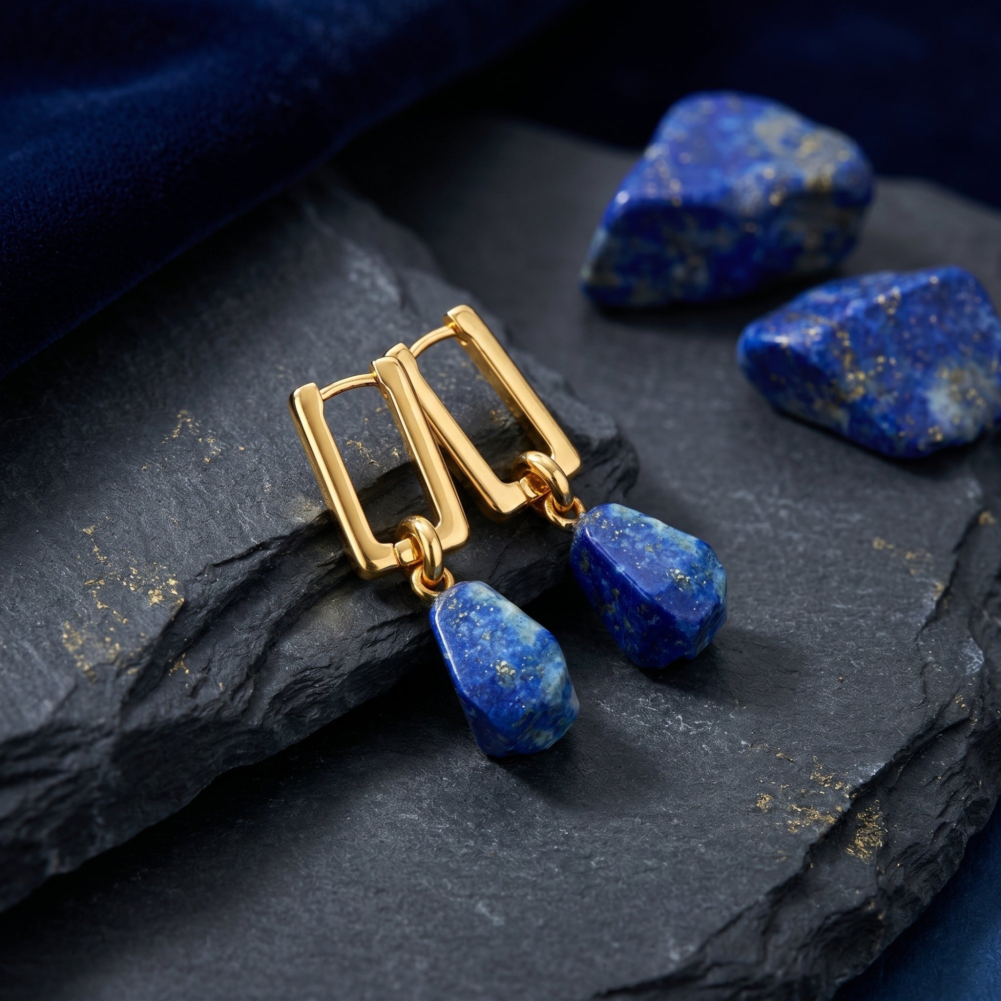 Macro shot of the gold-plated clasps and irregular natural lapis lazuli stones on a textured dark stone surface.