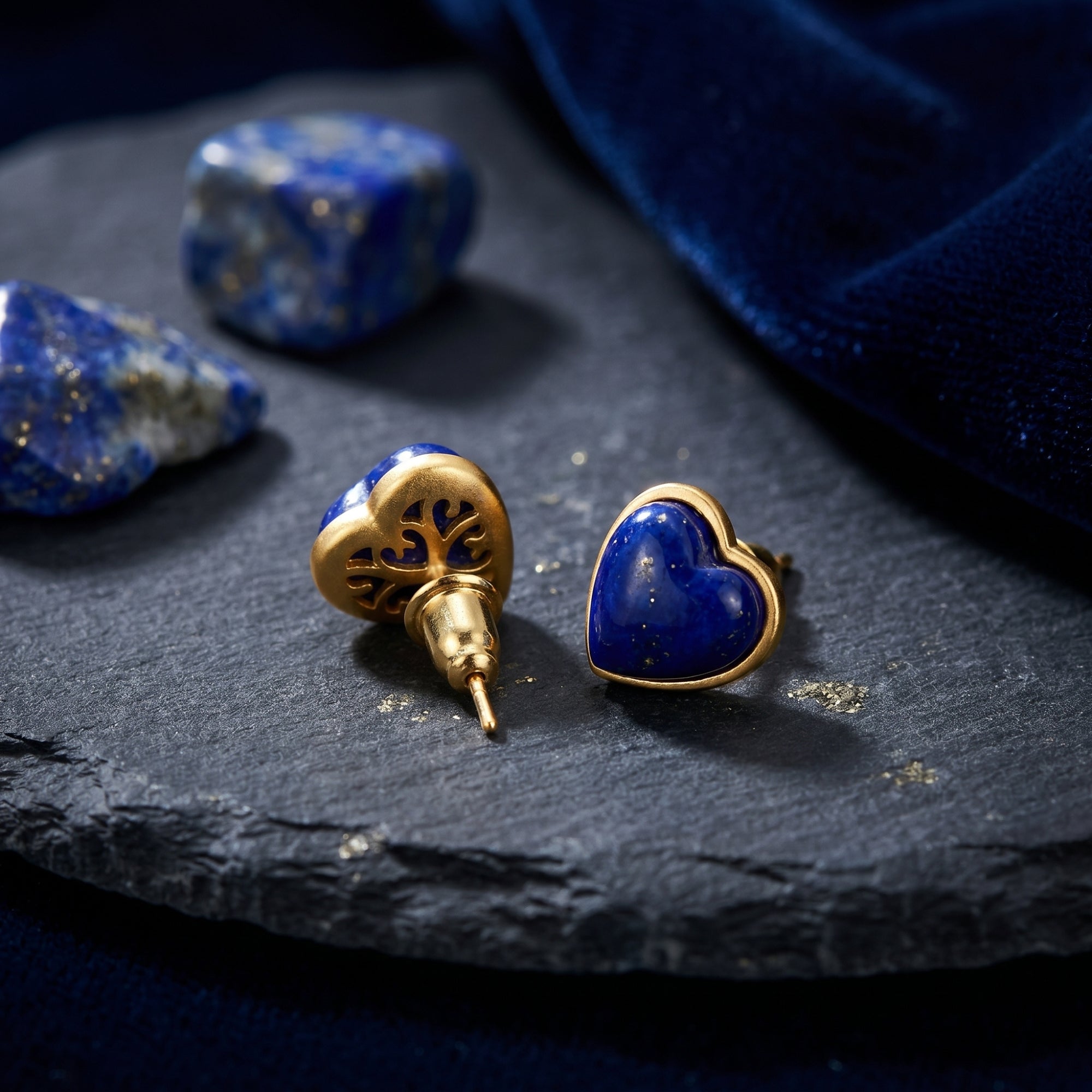 Detail of heart-shaped lapis earrings showing the 18k gold-plated setting and decorative filigree back.