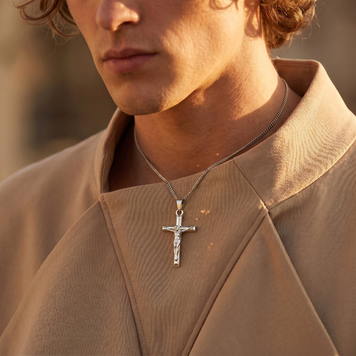 Model wearing a silver-toned crucifix pendant on a curb chain over a tan jacket.