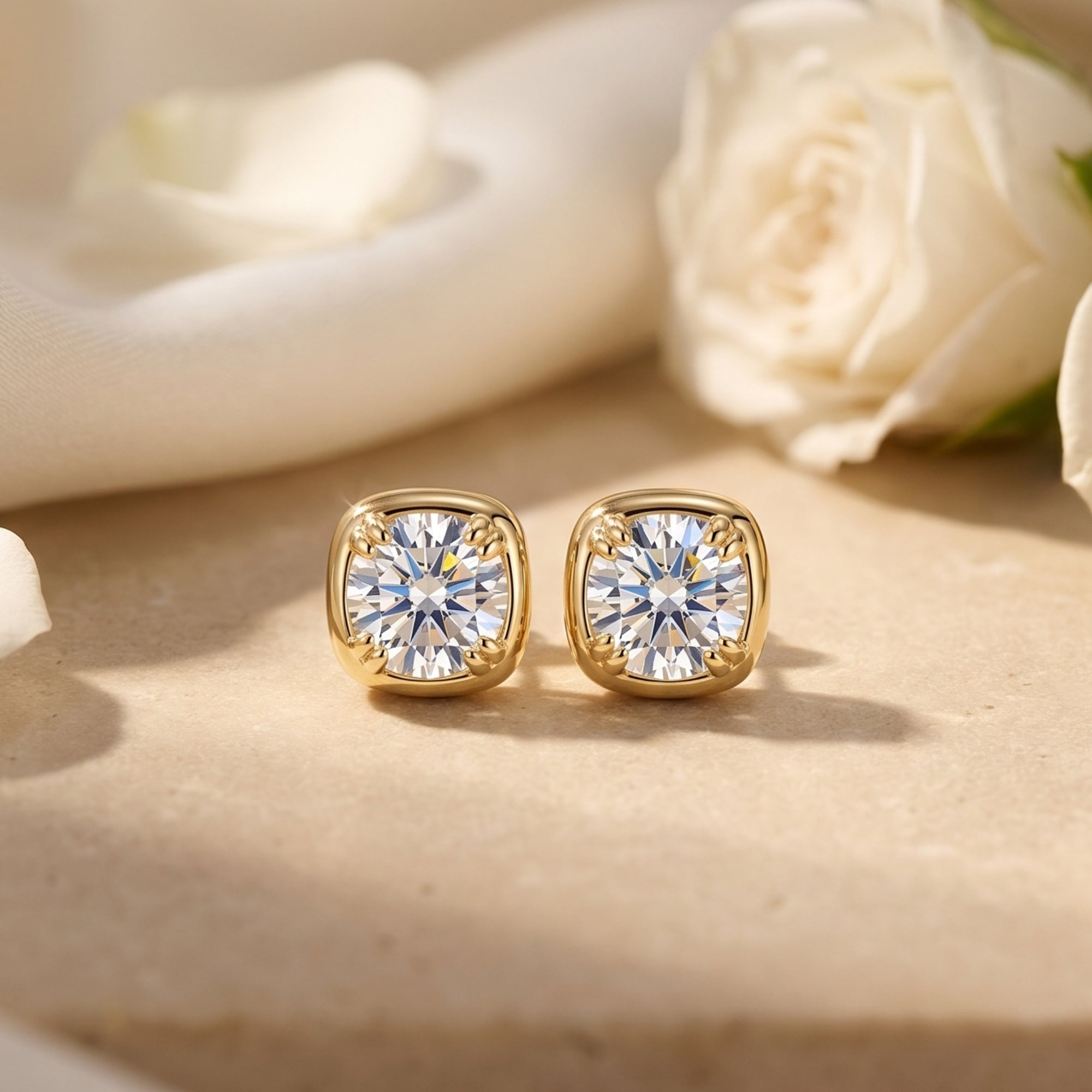 Gold Gabriella cushion-halo moissanite stud earrings on a stone surface with white roses.