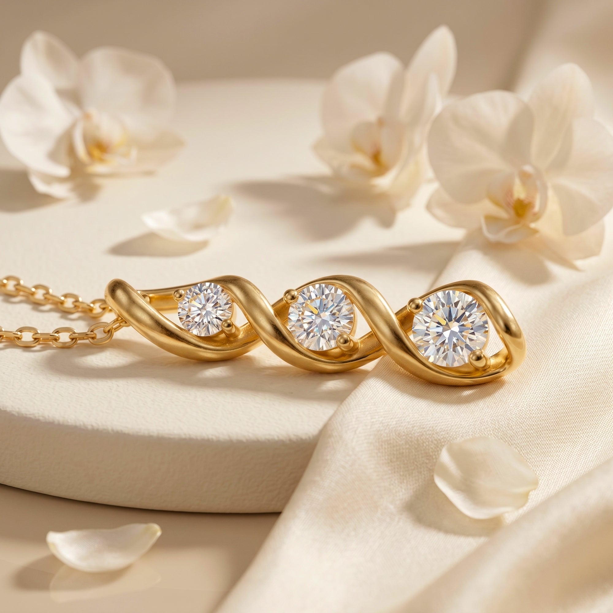 Gold Adrastia moissanite pendant featuring three round stones in a swirl design, resting on a cream surface.