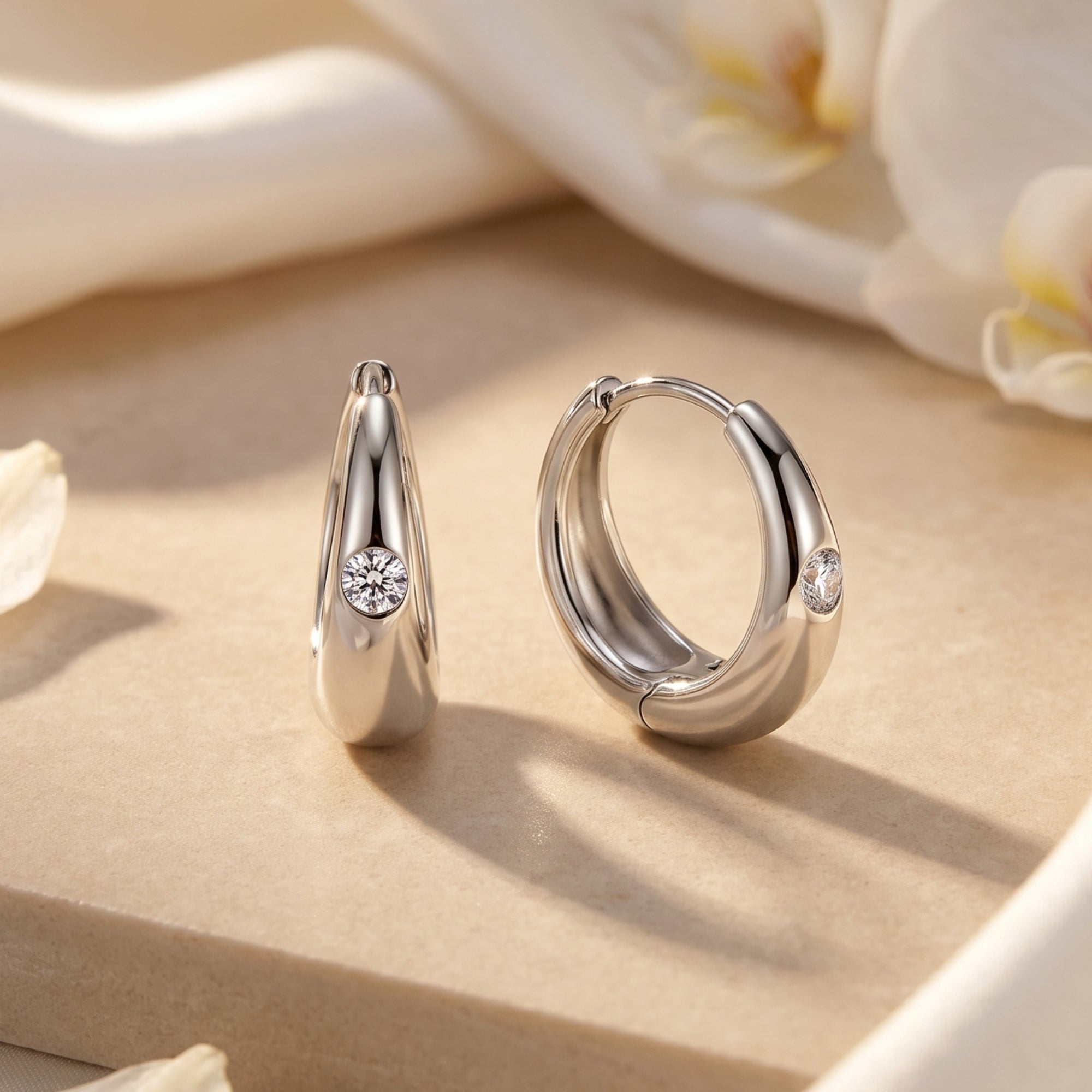 Silver moissanite hoop earrings with round-cut stones on a floral lifestyle background.