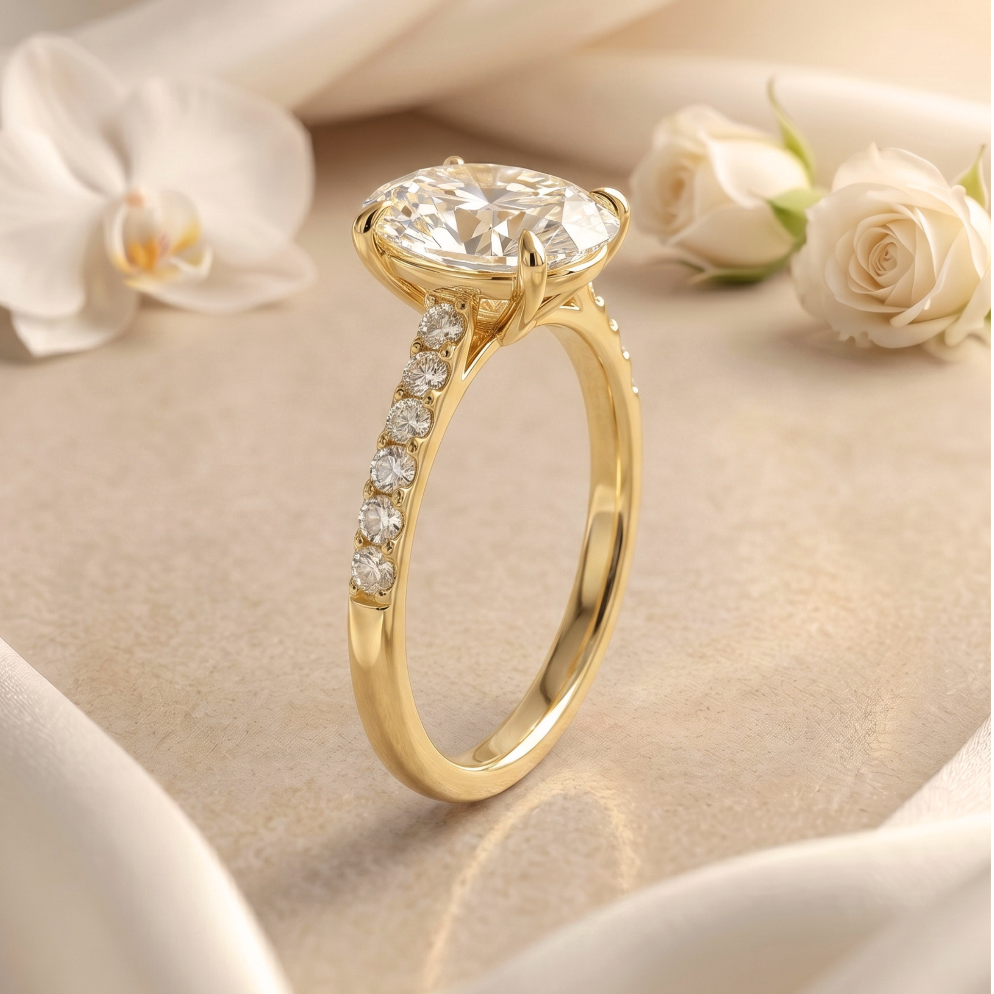 Profile view of an oval-cut moissanite engagement ring with a yellow gold pavé band, showcasing the setting.