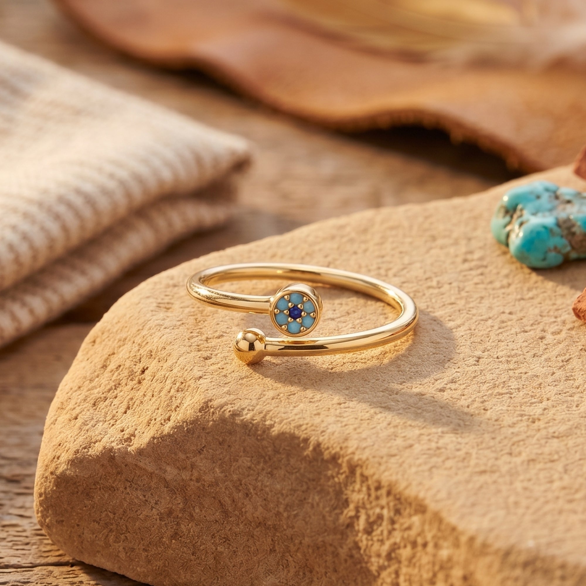 Gold vermeil bypass ring featuring a turquoise cabochon and gold sphere on a textured stone surface.