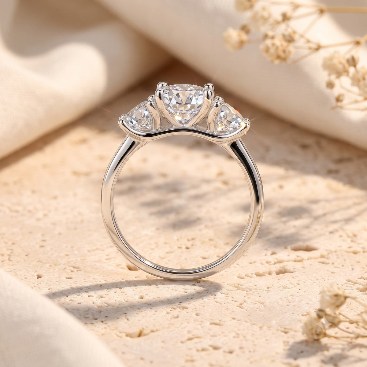 Side view of silver three-stone ring with round simulated diamonds.
