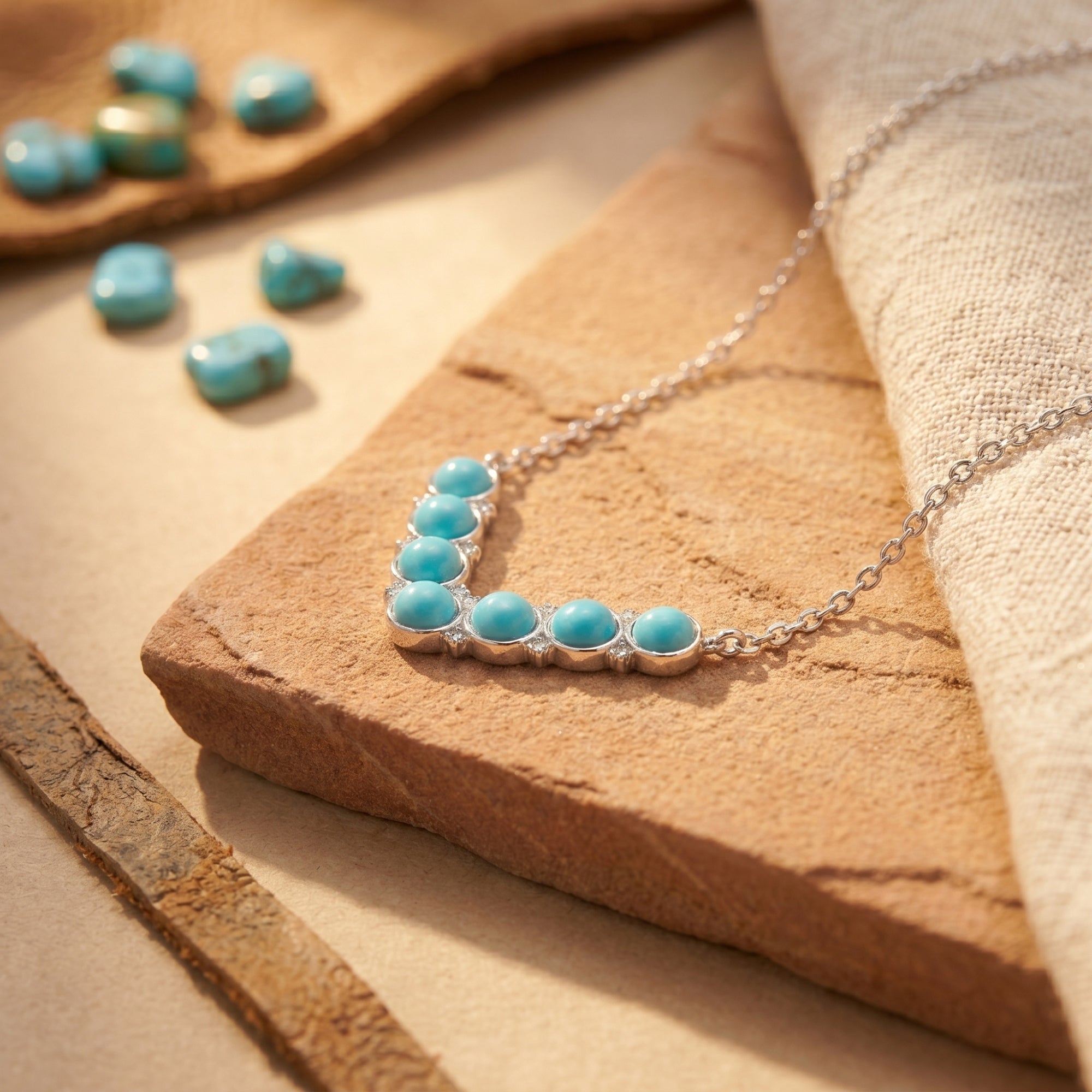 Macro view of silver V-shaped setting with seven round turquoise stones on a rock.