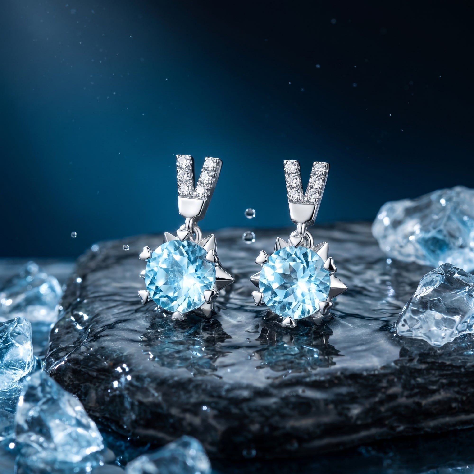 Close-up of platinum round cut aquamarine drop earrings displayed on a dark, wet rock with water droplets.