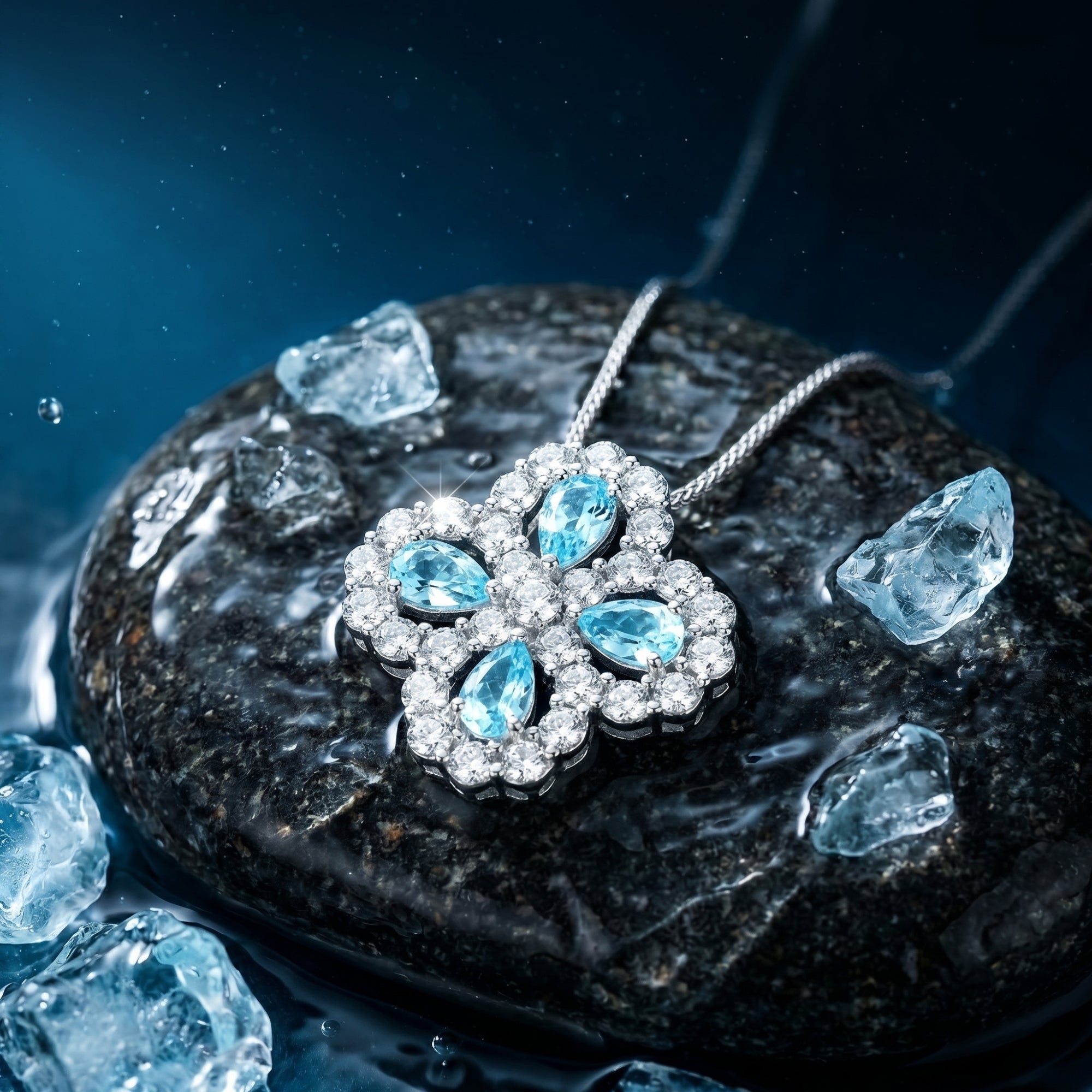 Close-up of the pear cut aquamarine floral pendant in sterling silver resting on a wet dark stone.