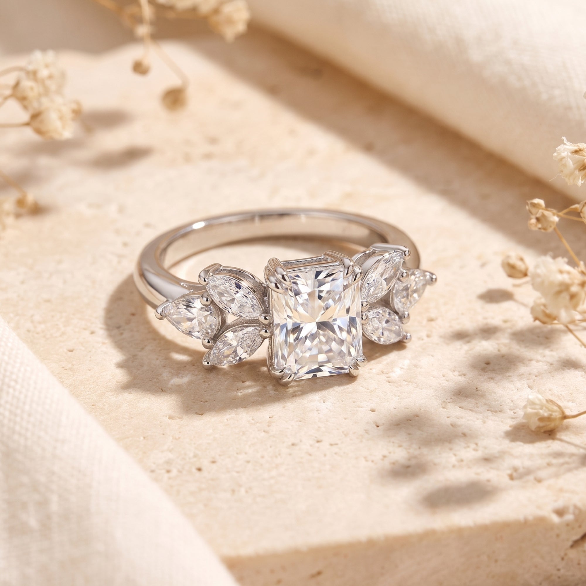 Close-up of a radiant cut simulated diamond ring with marquise side stones in sterling silver.