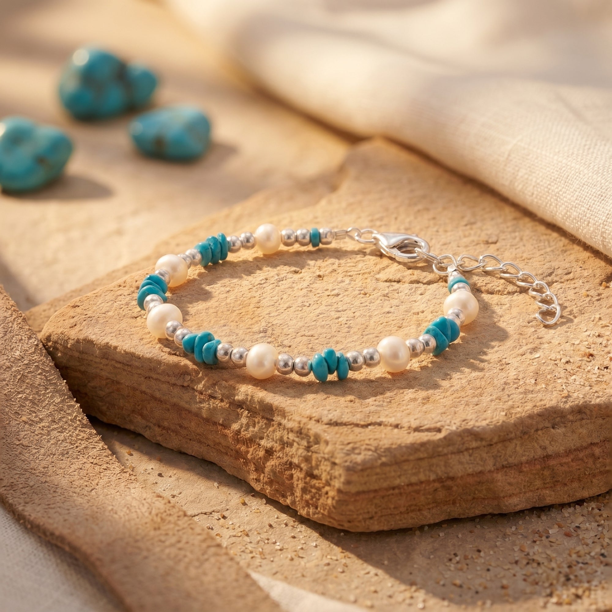 Southwestern silver bead bracelet with turquoise and pearls on stone.