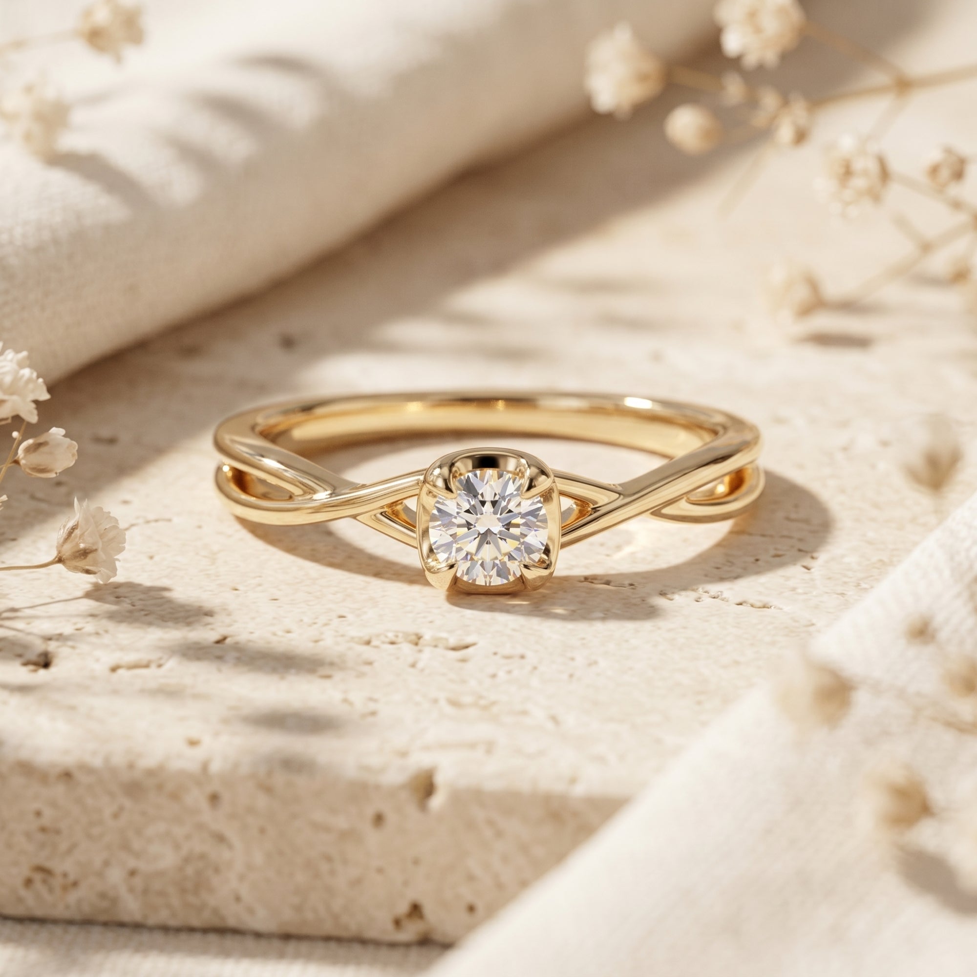 Yellow gold promise ring featuring a 1ct round cut moissanite center stone on a stone background.