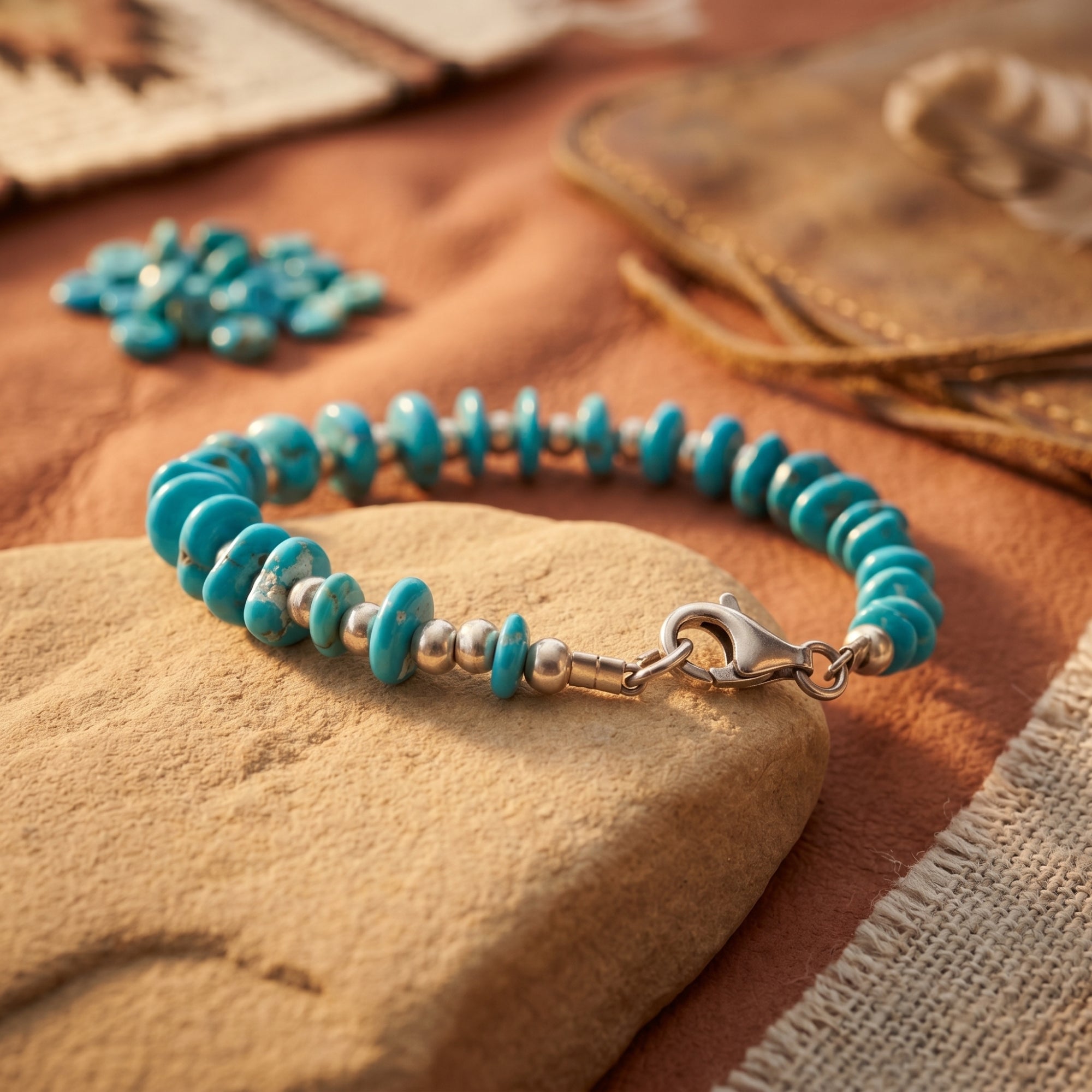 Close-up of the S925 sterling silver lobster clasp and turquoise beads on the Marfa bracelet.