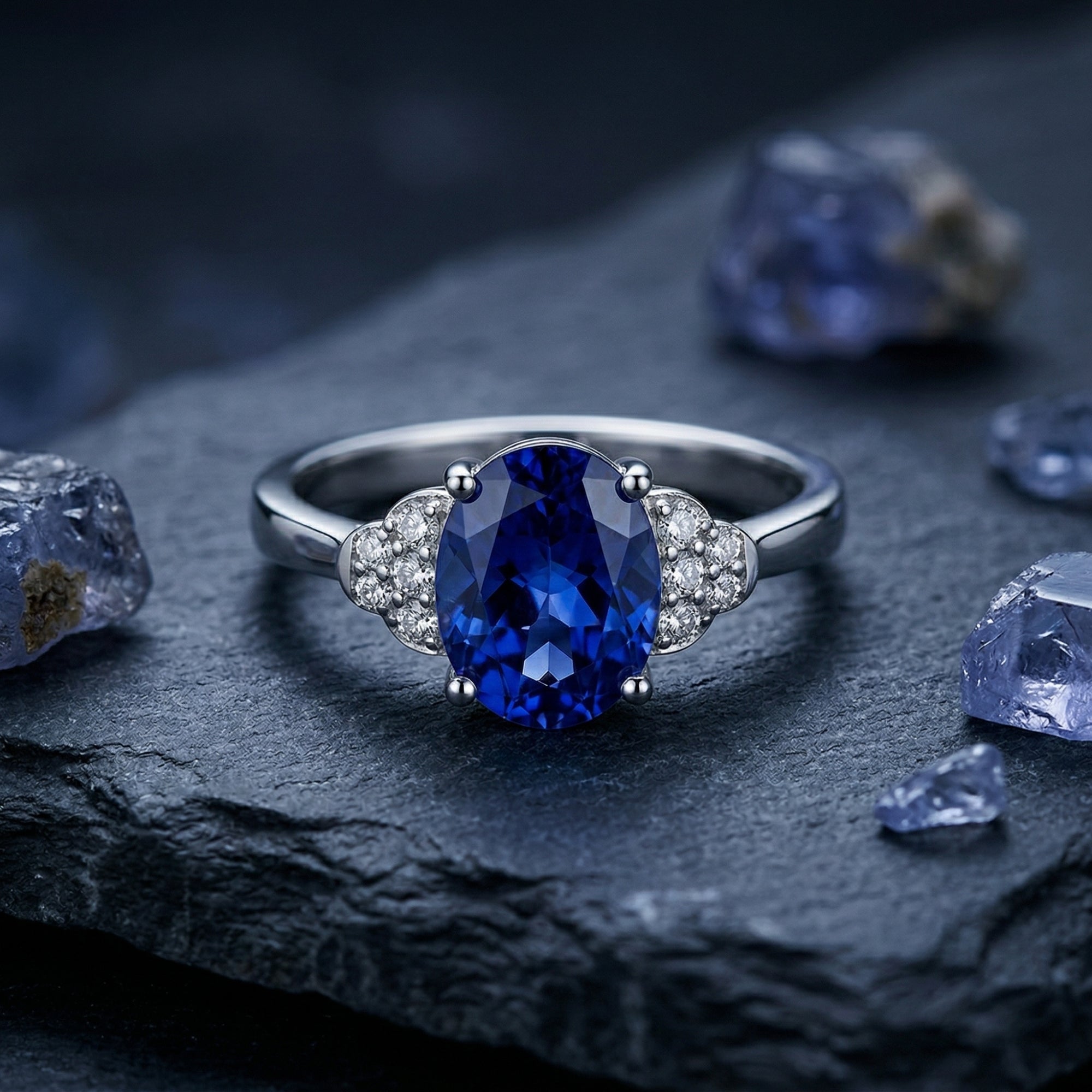 Top-down close-up of the oval natural tanzanite and diamond ring in 18K white gold on a textured rock.