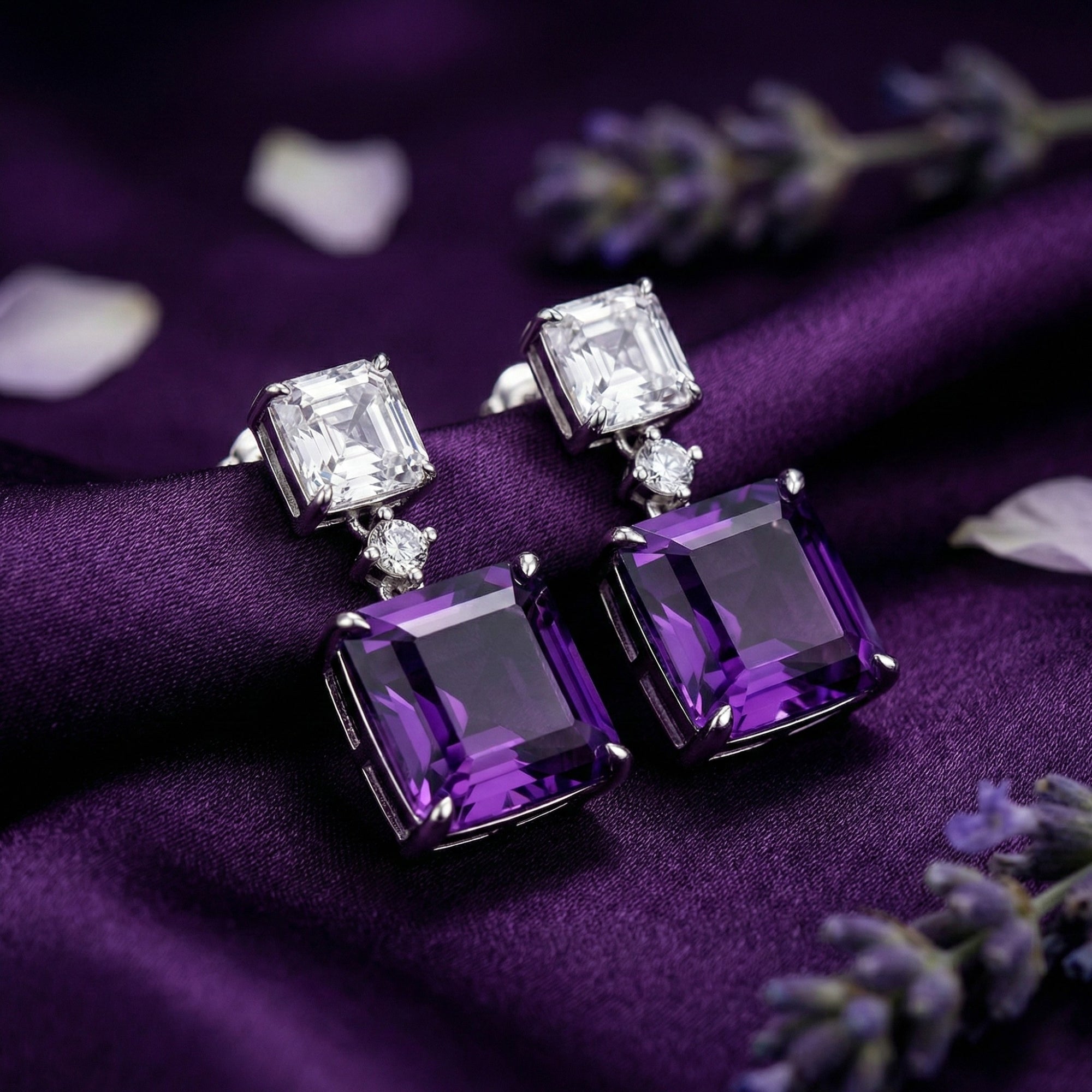 Close-up of square cut natural amethyst drop earrings in S925 sterling silver showing the precision facets.