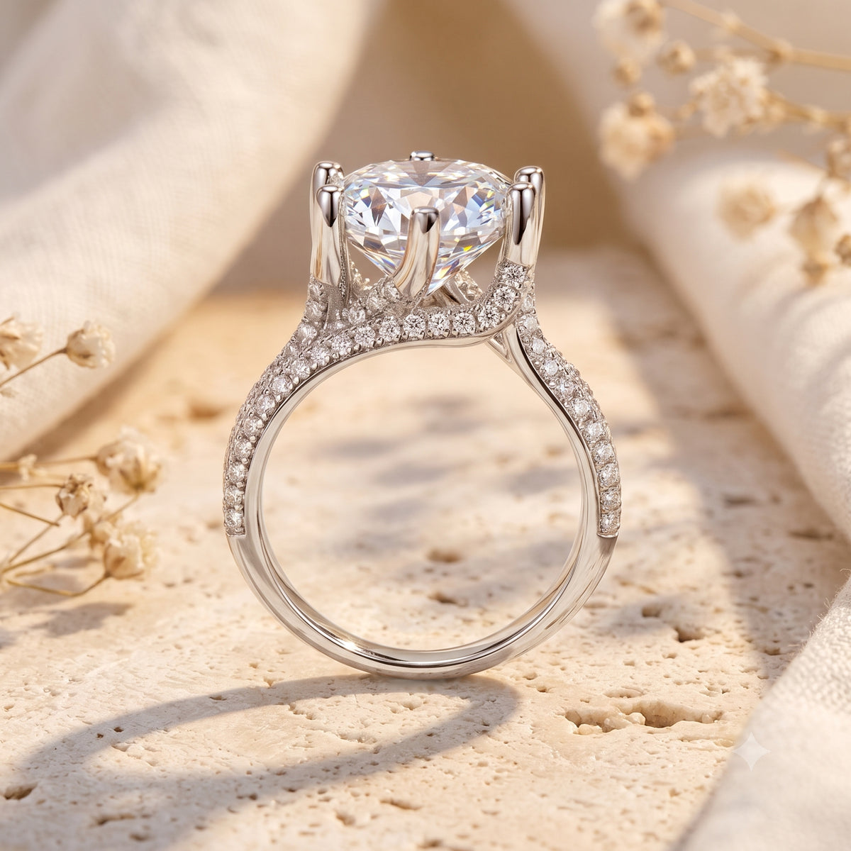 Side view of sterling silver ring showing high multi-prong basket and round stone.