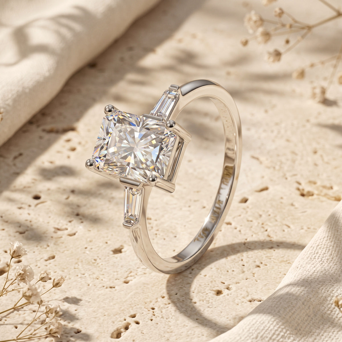 Angled view of the silver three-stone ring, showing the prong setting, radiant-cut stone, and band.