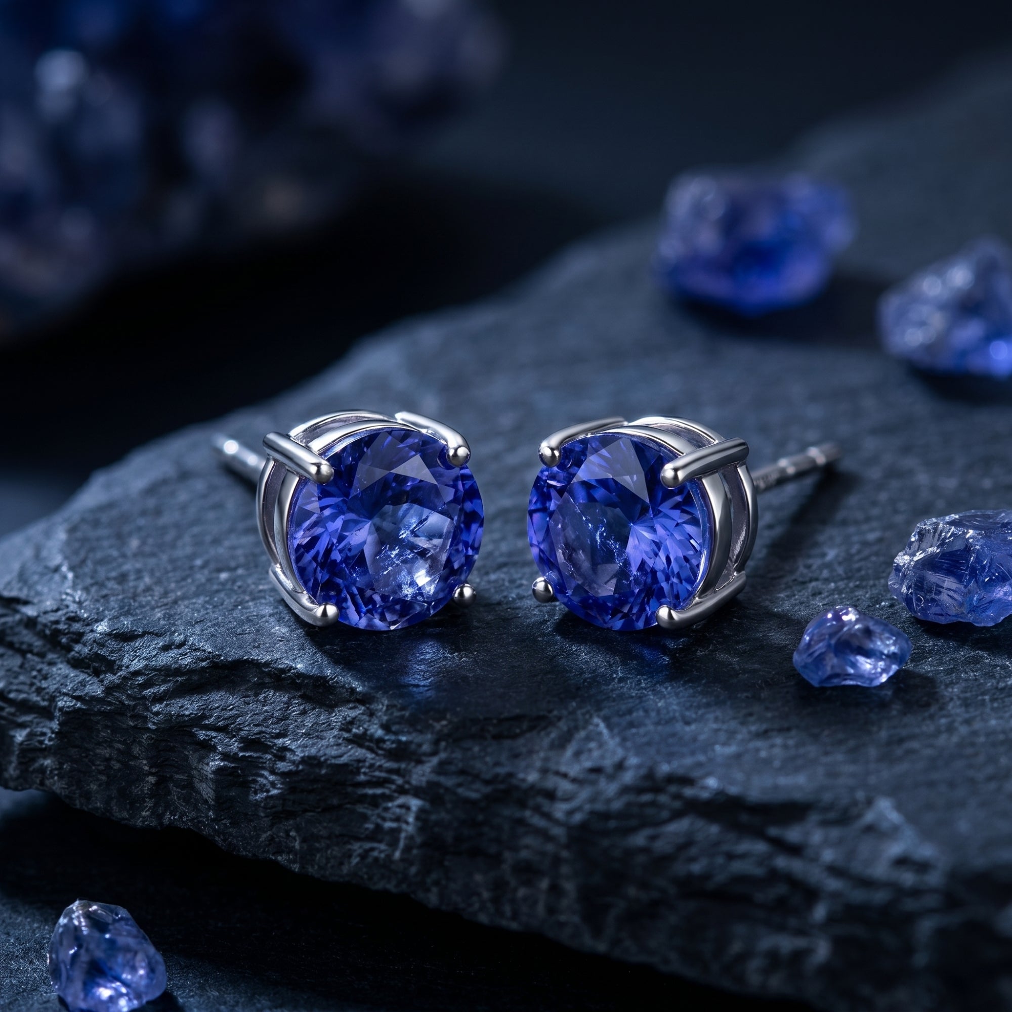 Close-up of the 18K white gold prong settings and 6mm round cut tanzanite stones on dark slate.