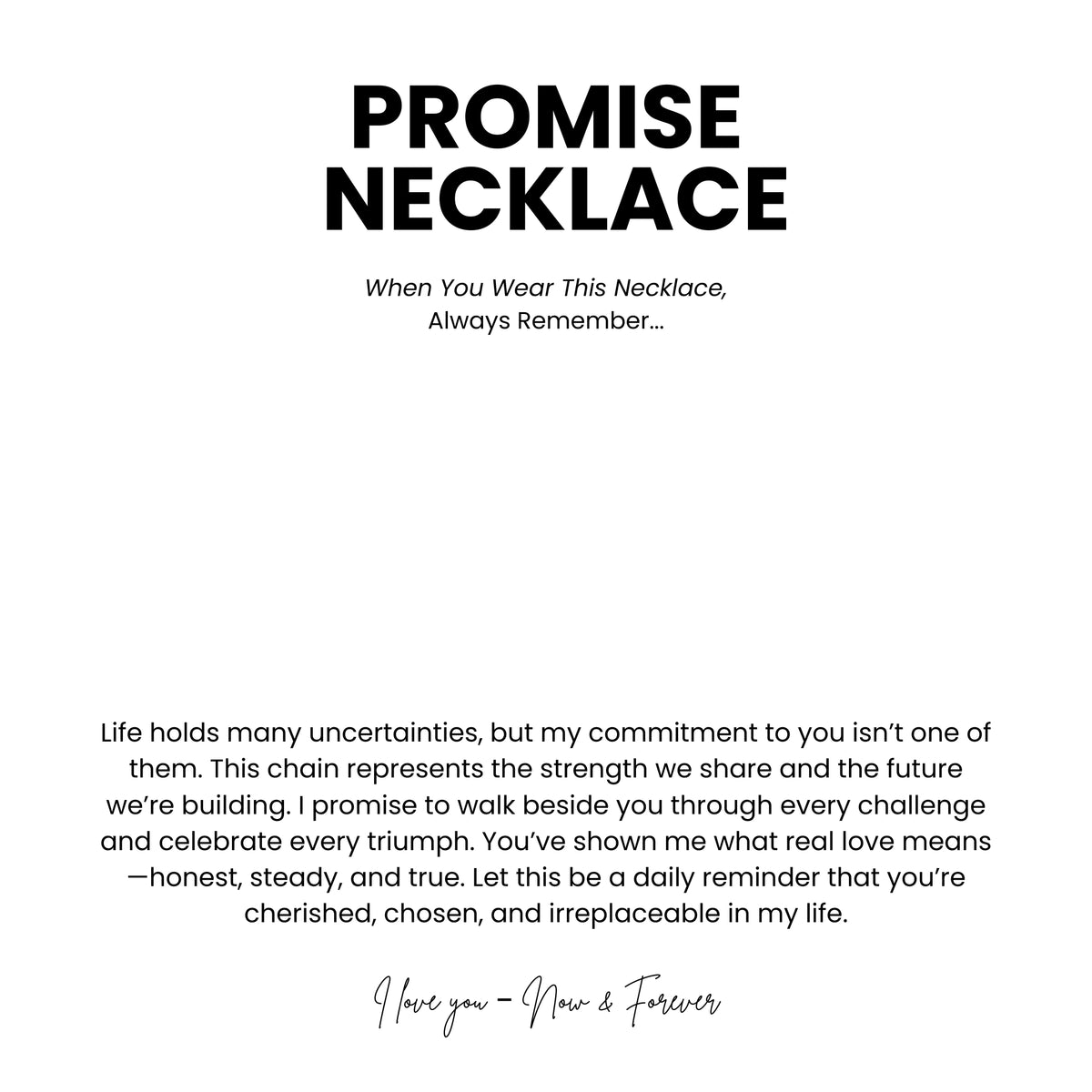 White Promise Necklace message card shown alone with a printed romantic dedication.
