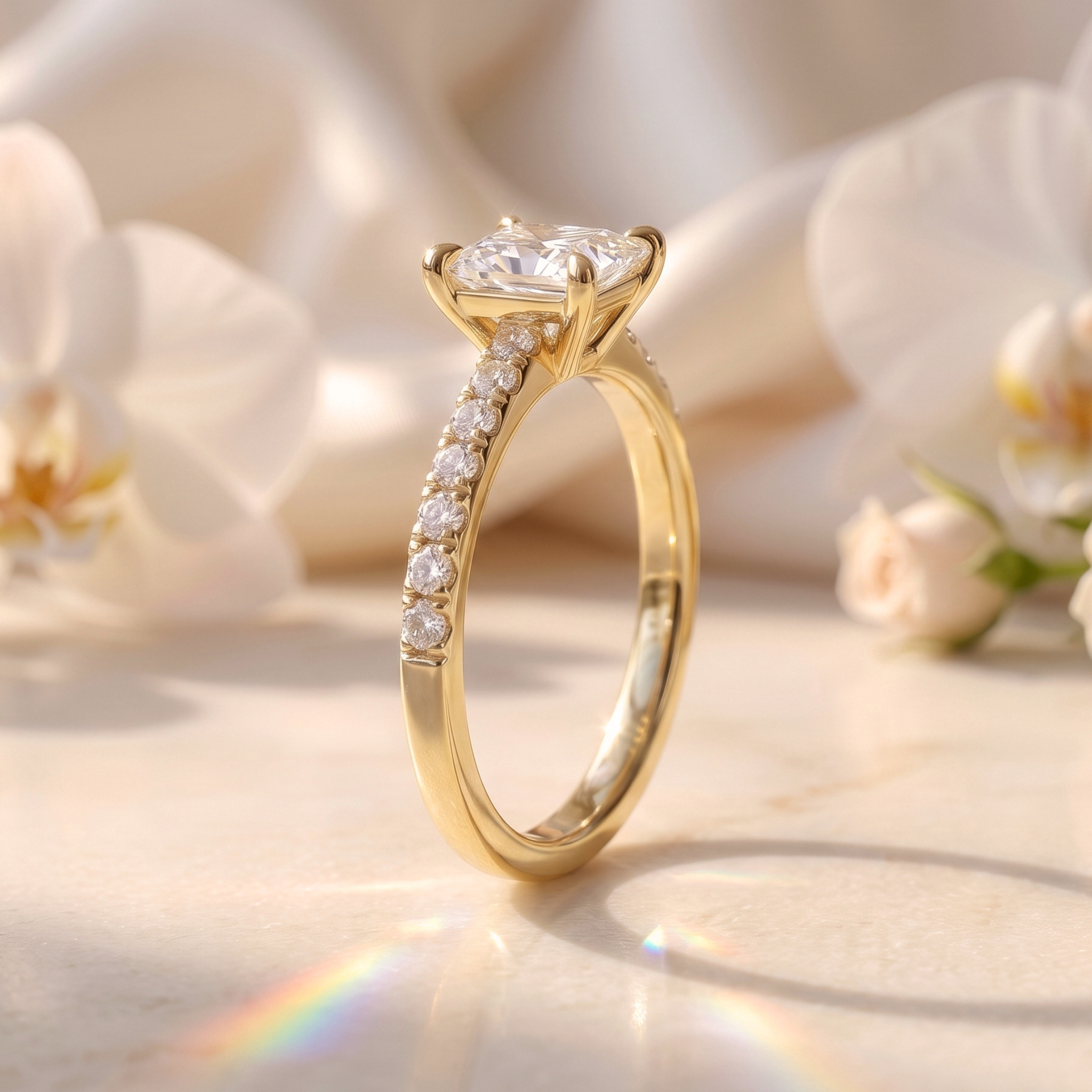 Side profile view of a yellow gold princess cut moissanite engagement ring showing the cathedral setting.